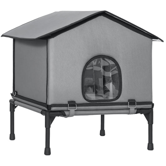 Outdoor Cat House, Waterproof Insulated Cat Kennel with Elevated Base, Cushion, Foldable Feral Kitty Shelter for Indoor Outdoor Kittens, Grey
