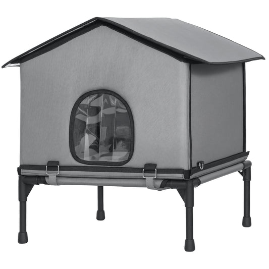 Outdoor Cat House, Waterproof Insulated Cat Kennel with Elevated Base, Cushion, Foldable Feral Kitty Shelter for Indoor Outdoor Kittens, Grey