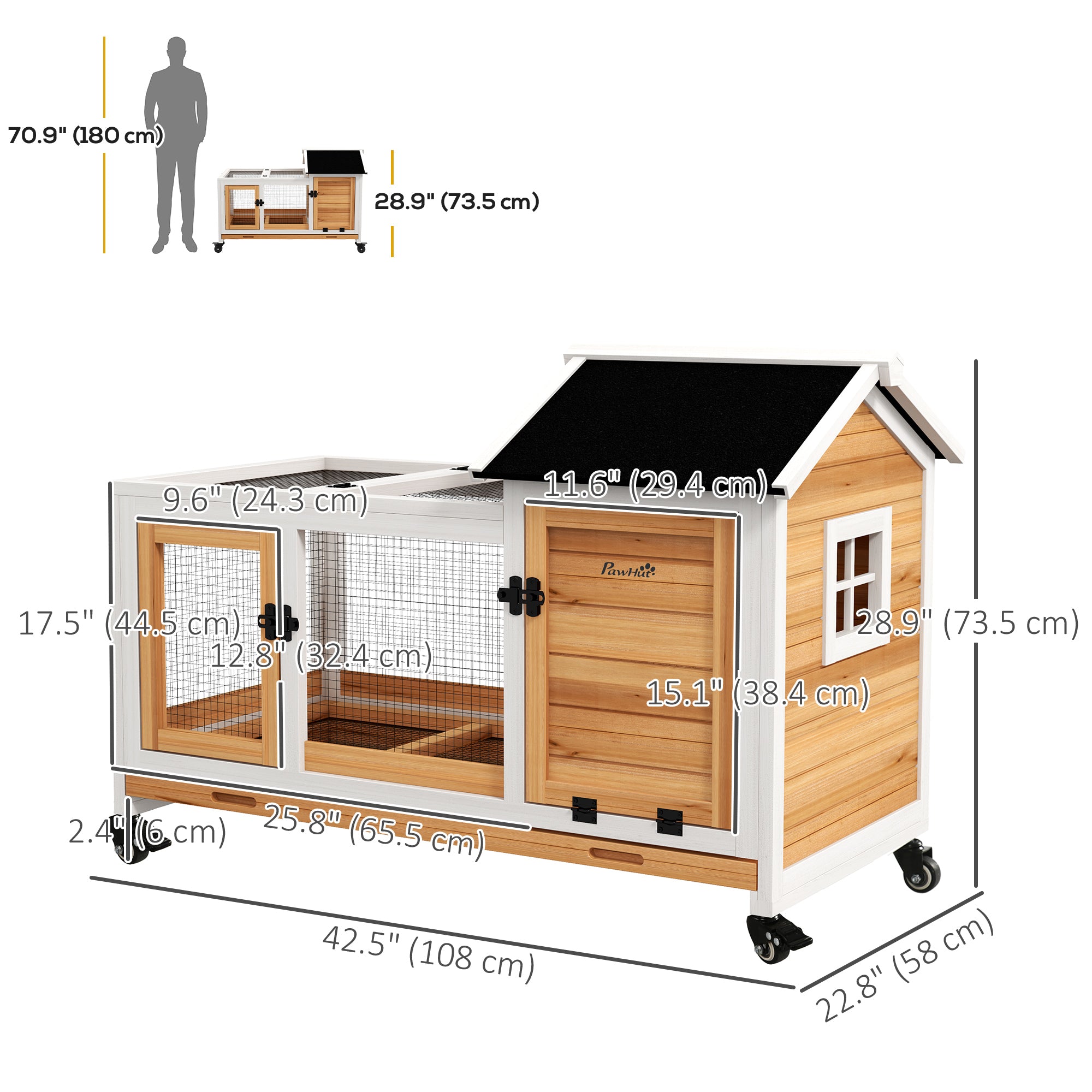 Indoor Rabbit Hutch with Wheels, Bunny Cage with Ramp, Run, Pull Out Tray, Suitable for Rabbit, Guinea Pig, Yellow