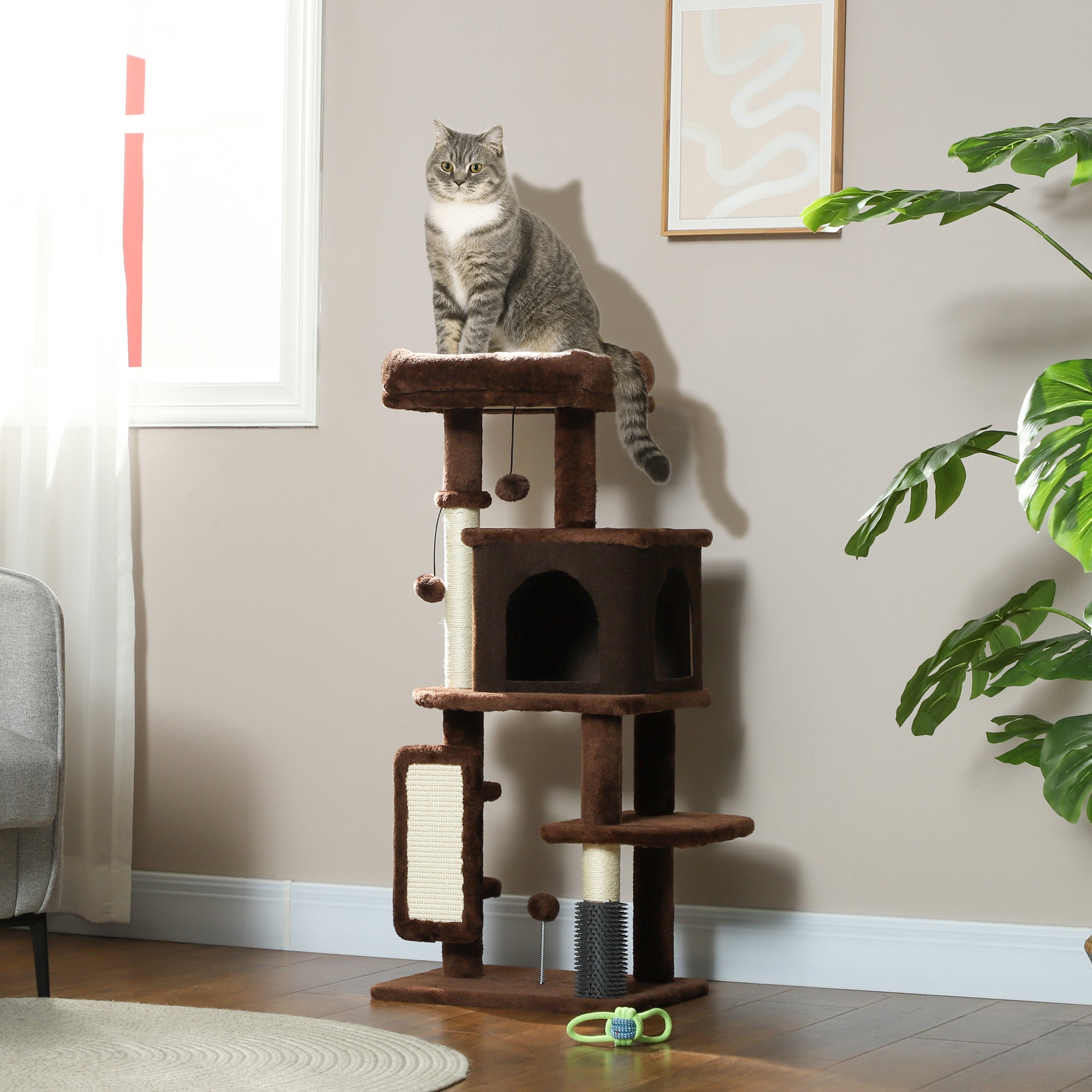 Cat Tree for Large Cat Adults, 41 Inch Cat Tower for Indoor Cats w/ Scratching Posts, Cat Bed, Condo, Grooming Brush, Jumping Platforms, Toy Balls, Anti-tip Kit, Brown