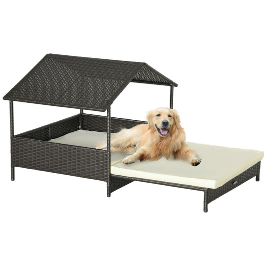 PawHut Outdoor Wicker Dog House with Canopy, Extendable Rattan Dog Bed with Soft Cushion Removable Cover for Small and Medium Dogs, Cream