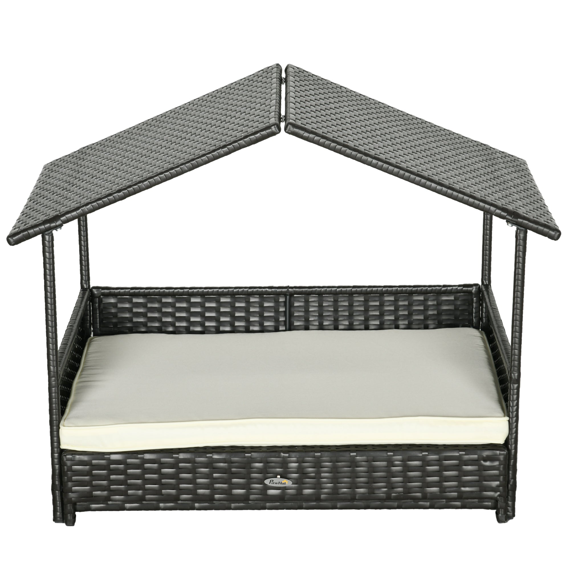 Elevated Rattan Dog House Outdoor with Canopy, Extendable Wicker Dog Bed with Water-Resistant Cushion, for Small and Medium Dogs Cream White