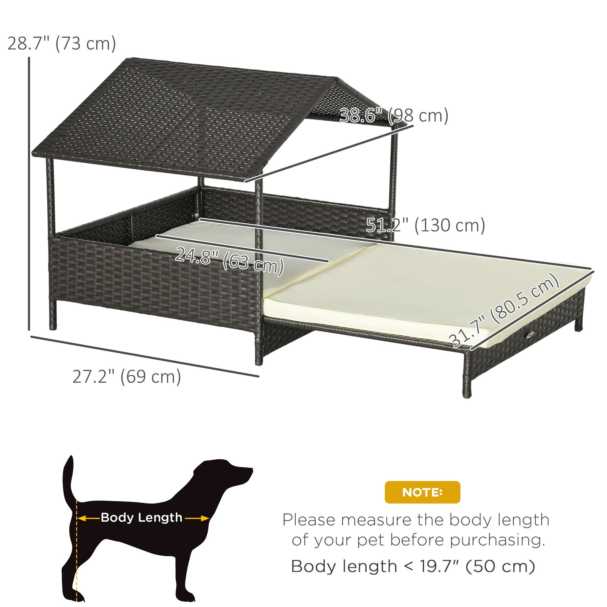 Elevated Rattan Dog House Outdoor with Canopy, Extendable Wicker Dog Bed with Water-Resistant Cushion, for Small and Medium Dogs Cream White