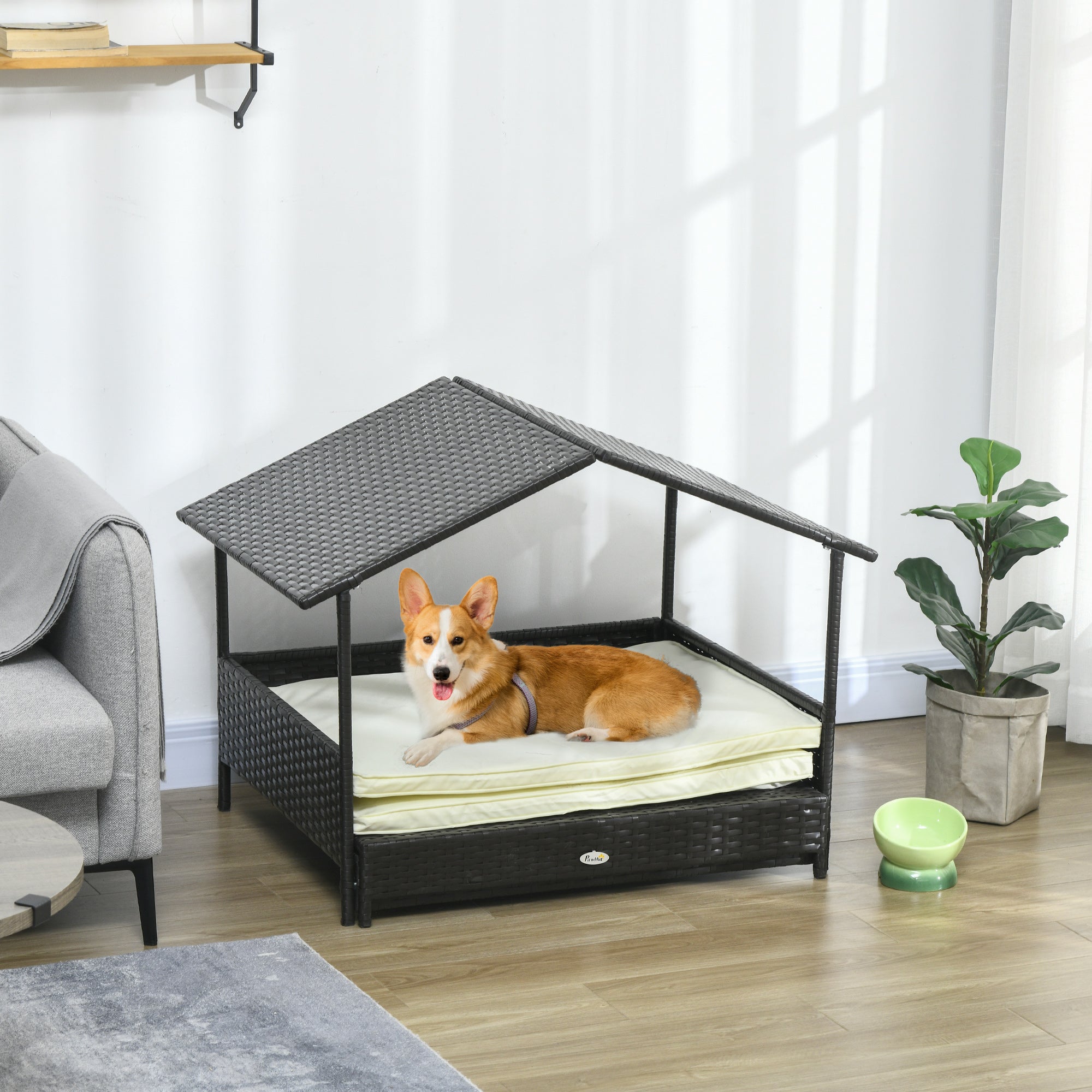 Elevated Rattan Dog House Outdoor with Canopy, Extendable Wicker Dog Bed with Water-Resistant Cushion, for Small and Medium Dogs Cream White