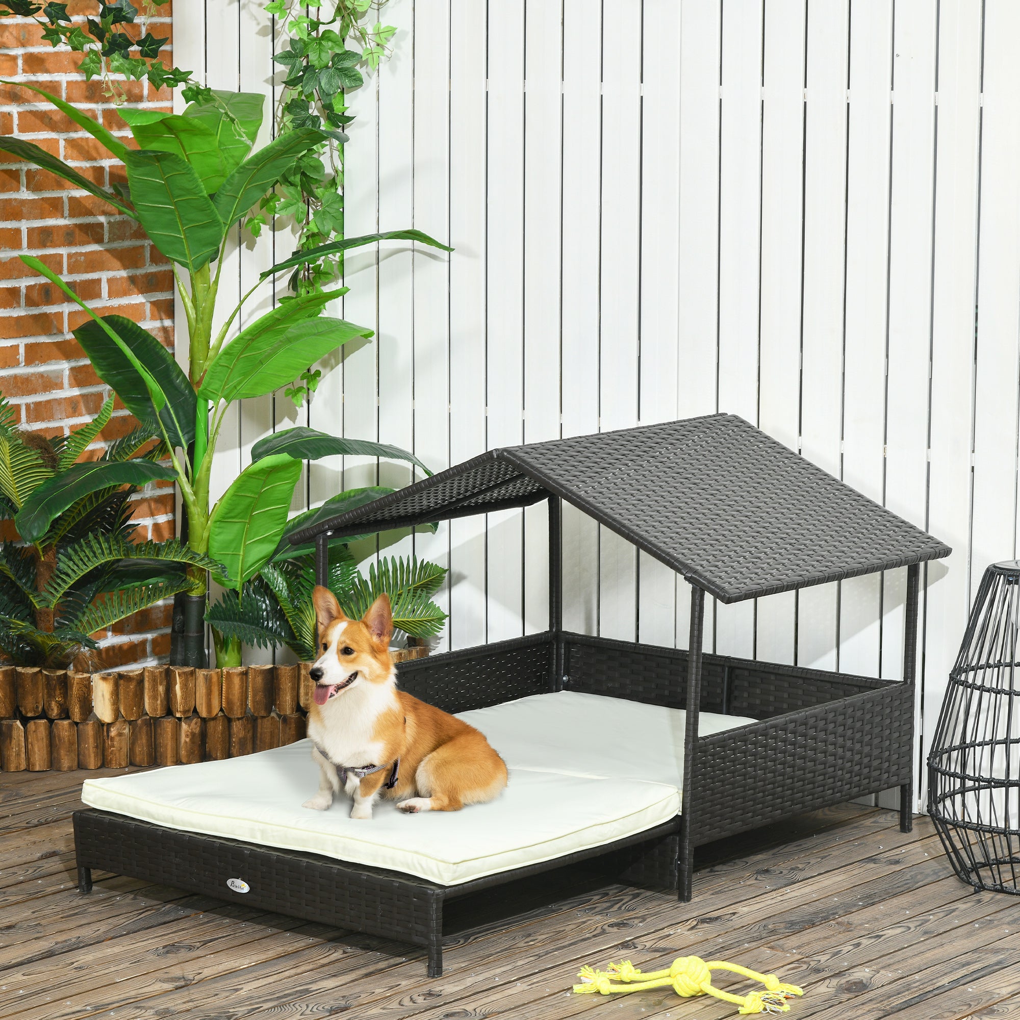 Elevated Rattan Dog House Outdoor with Canopy, Extendable Wicker Dog Bed with Water-Resistant Cushion, for Small and Medium Dogs Cream White