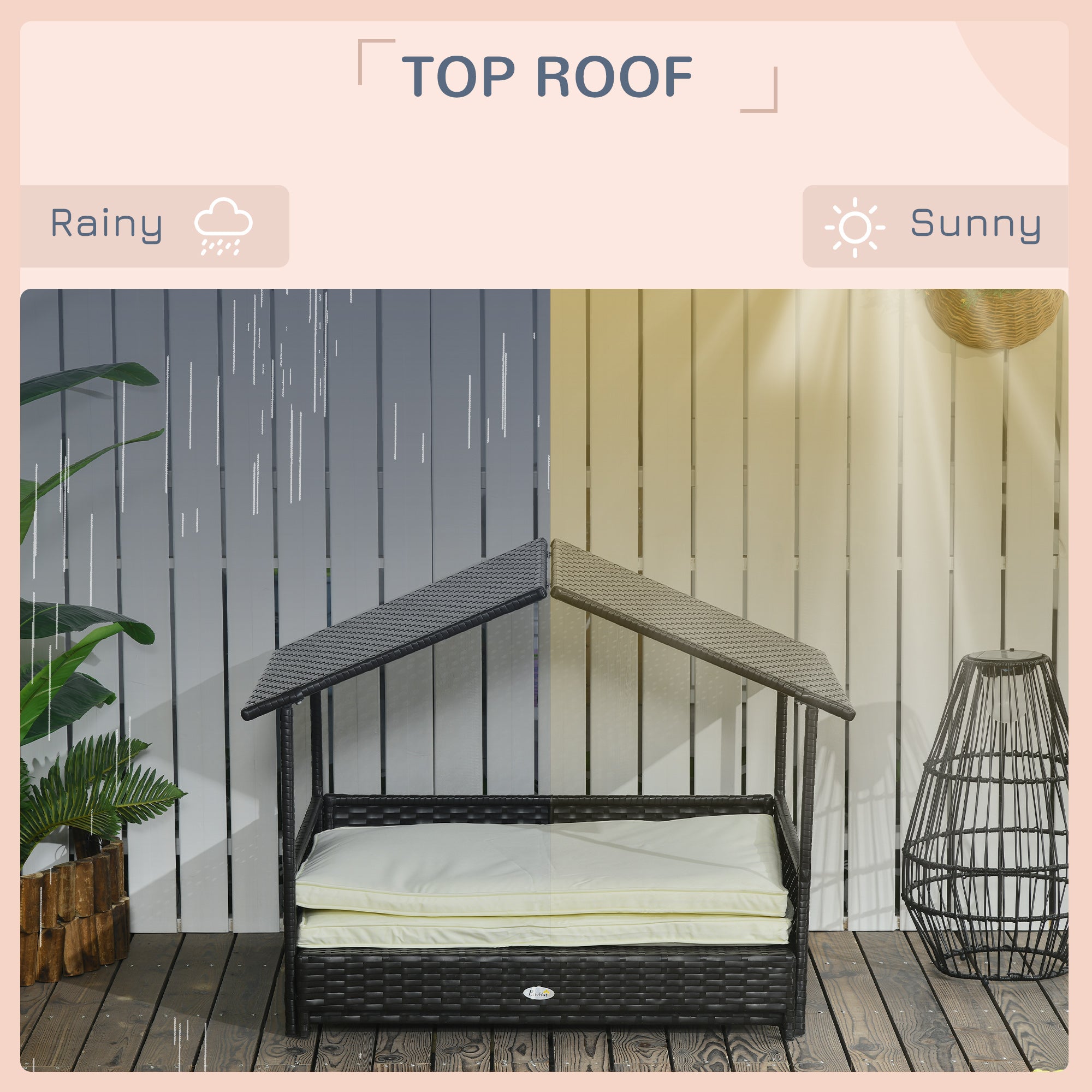Elevated Rattan Dog House Outdoor with Canopy, Extendable Wicker Dog Bed with Water-Resistant Cushion, for Small and Medium Dogs Cream White