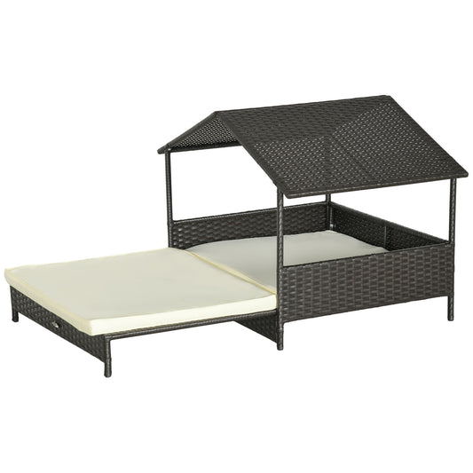 PawHut Outdoor Wicker Dog House with Canopy, Extendable Rattan Dog Bed with Soft Cushion Removable Cover for Small and Medium Dogs, Cream