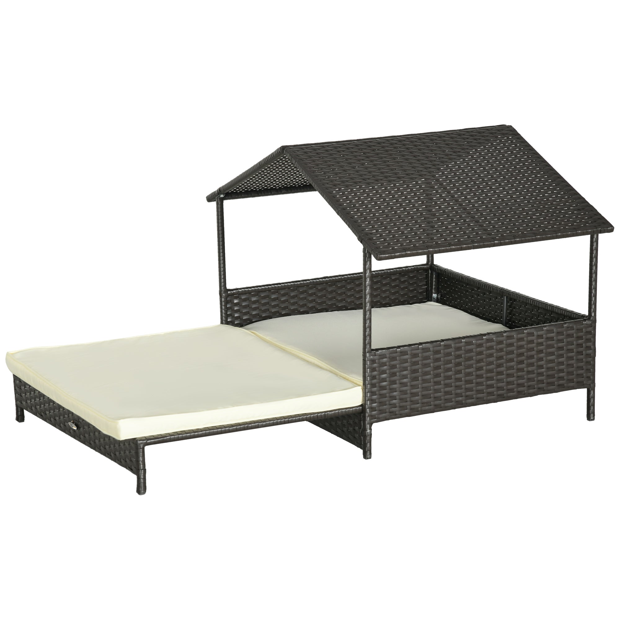 Elevated Rattan Dog House Outdoor with Canopy, Extendable Wicker Dog Bed with Water-Resistant Cushion, for Small and Medium Dogs Cream White