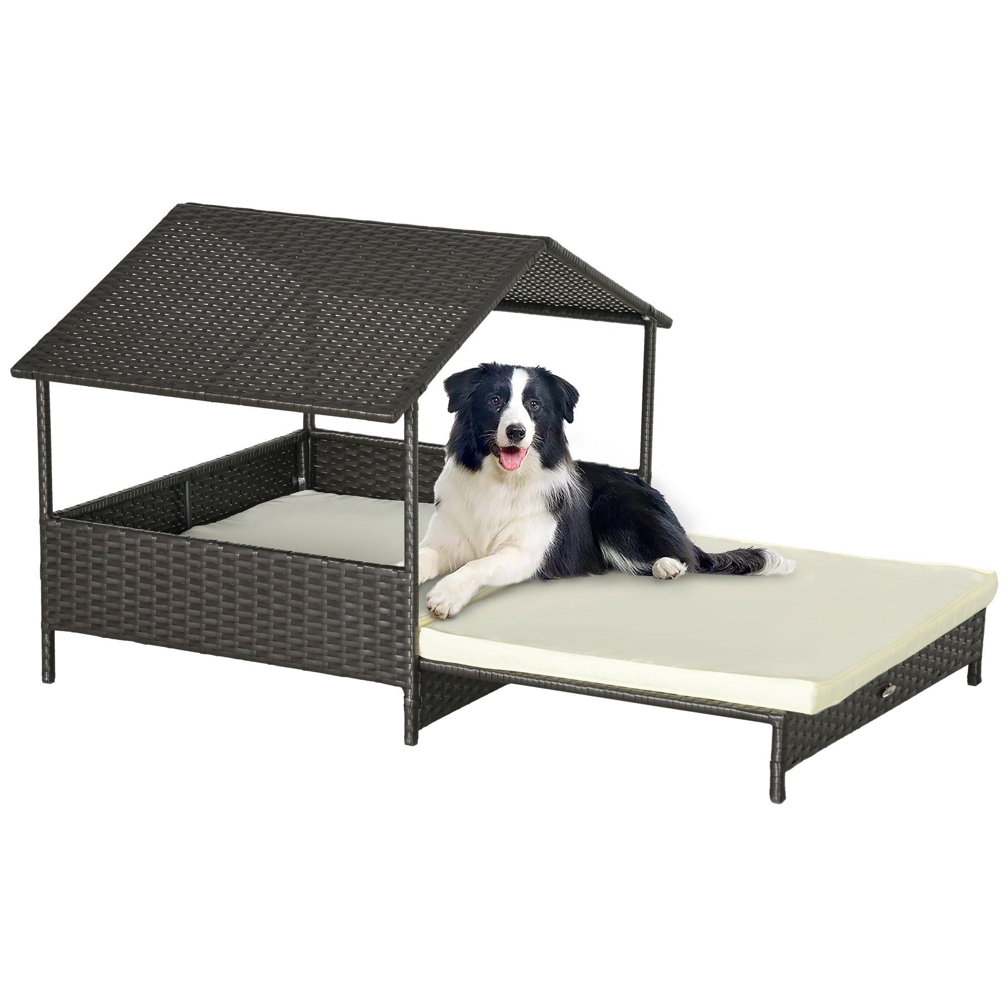 Elevated Rattan Dog House Outdoor with Canopy, Extendable Wicker Dog Bed with Water-Resistant Cushion, for Small and Medium Dogs Cream White