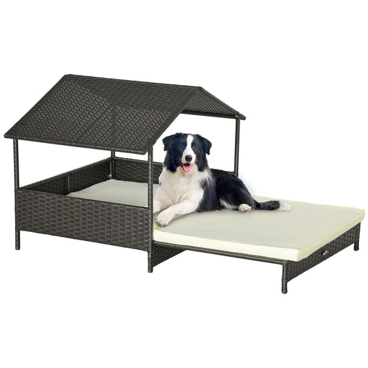 Elevated Rattan Dog House Outdoor with Canopy, Extendable Wicker Dog Bed with Water-Resistant Cushion, for Small and Medium Dogs Cream White