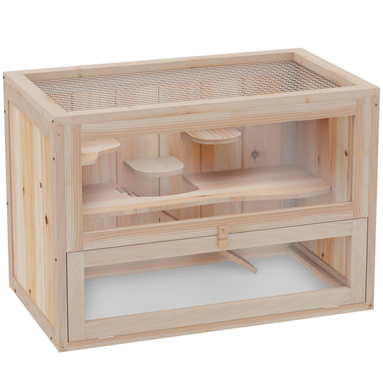 PawHut 2-Level Hamster Cage Mice and Rat House, Small Animal Habitat for Guinea Pigs, Chinchillas with Openable Top, Front Door, Shelf and Ladder, Natural