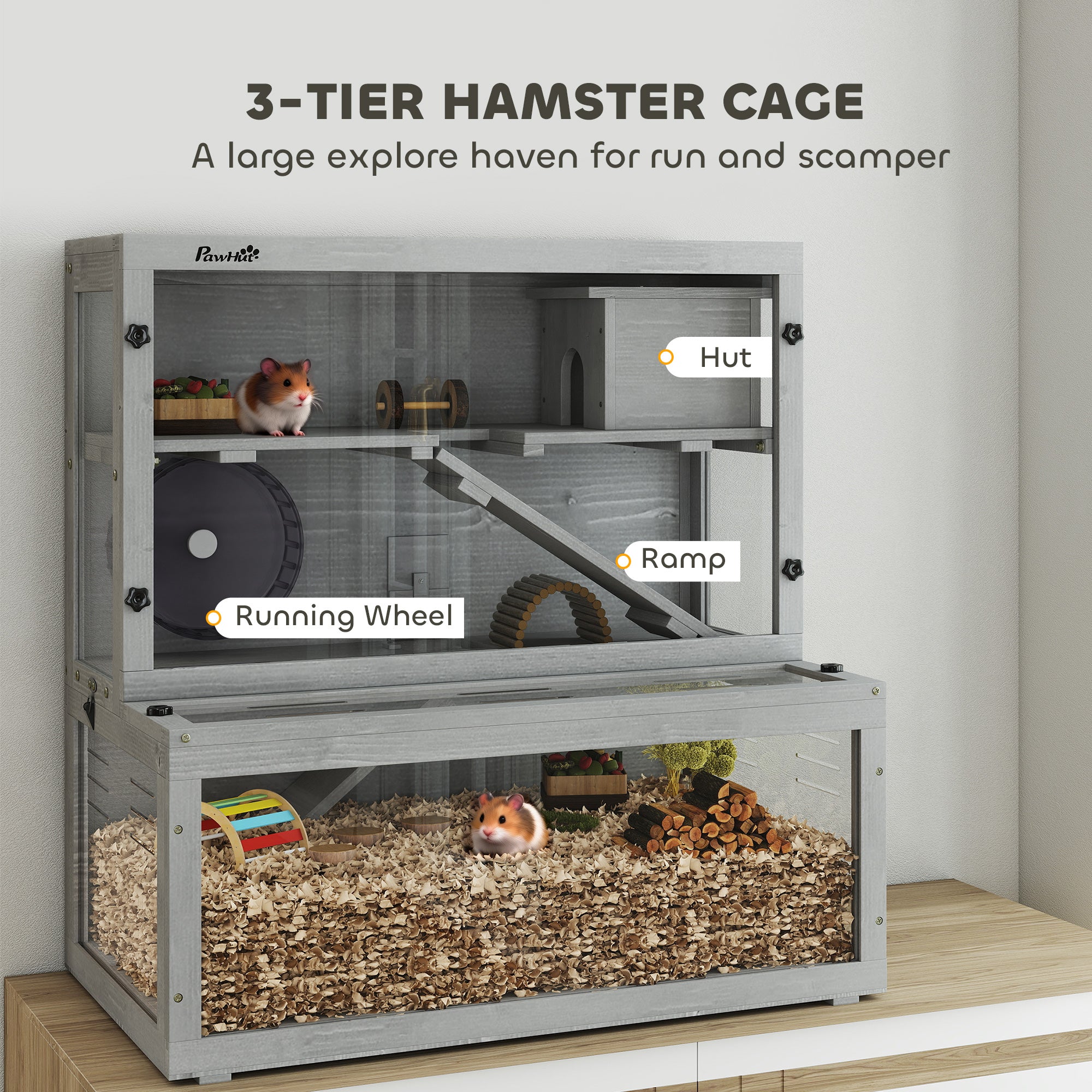 Wooden Hamster Cage, Large Gerbil Cage with Hut, Wheel, Ramps, 3 Tier Small Animal Habitat with Removable Viewing Panels, 80 x 50 x 84 cm, Grey