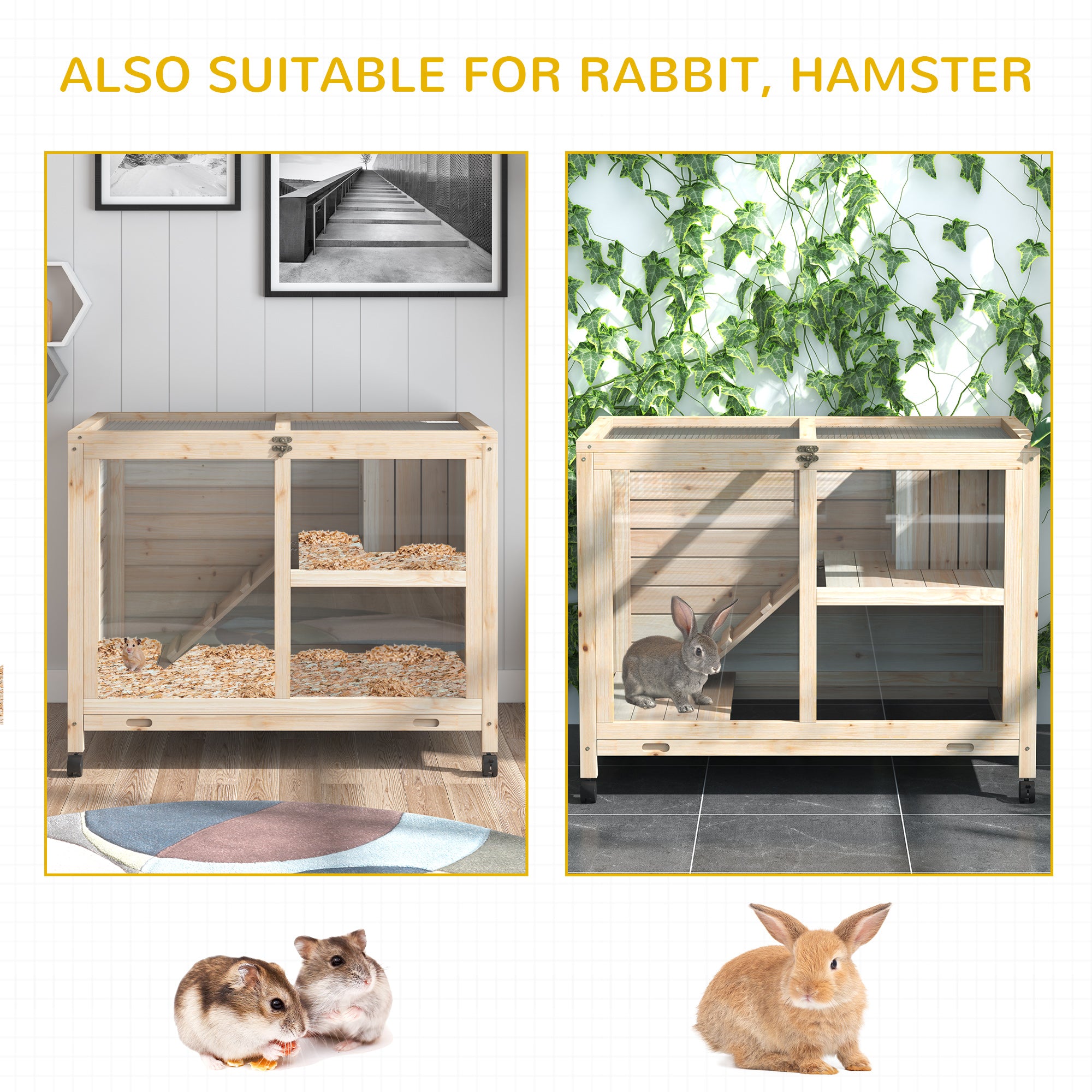 PawHut Indoor Rabbit Hutch with Wheels, Desk and Side Table Sized, Wood Rabbit Cage, Waterproof Small Rabbit Cage, Natural