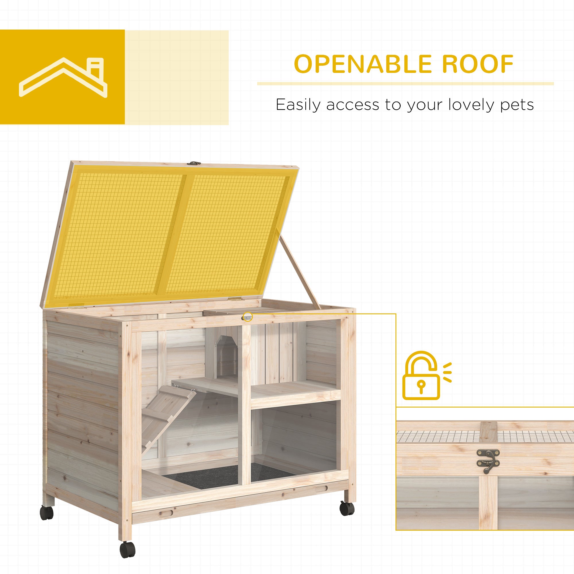 PawHut Indoor Rabbit Hutch with Wheels, Desk and Side Table Sized, Wood Rabbit Cage, Waterproof Small Rabbit Cage, Natural