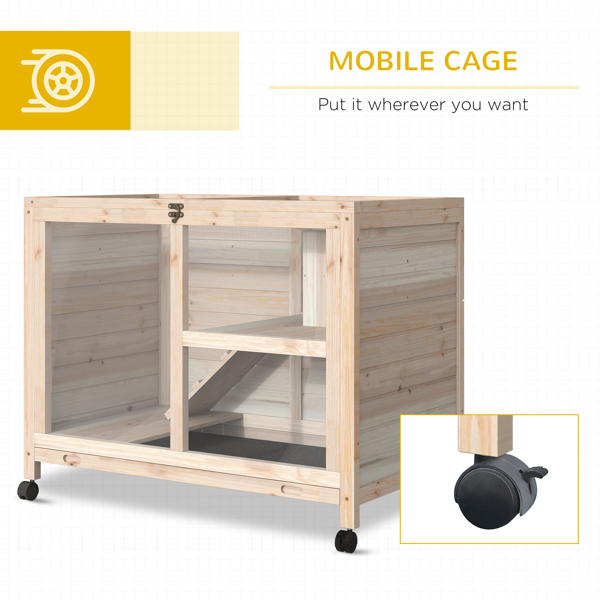 PawHut Indoor Rabbit Hutch with Wheels, Desk and Side Table Sized, Wood Rabbit Cage, Waterproof Small Rabbit Cage, Natural