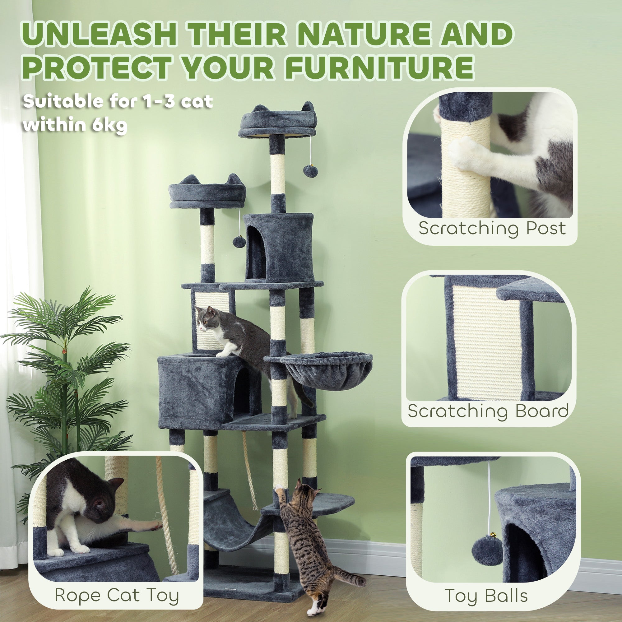 Cat Tree, 206cm Cat Tower with Sisal Scratching Posts and Board, Beds, Condos, Platforms, Hammocks, Toy Balls & Rope, Anti-Tip Kit, Kitten Activity Centre for Indoor, Dark Grey