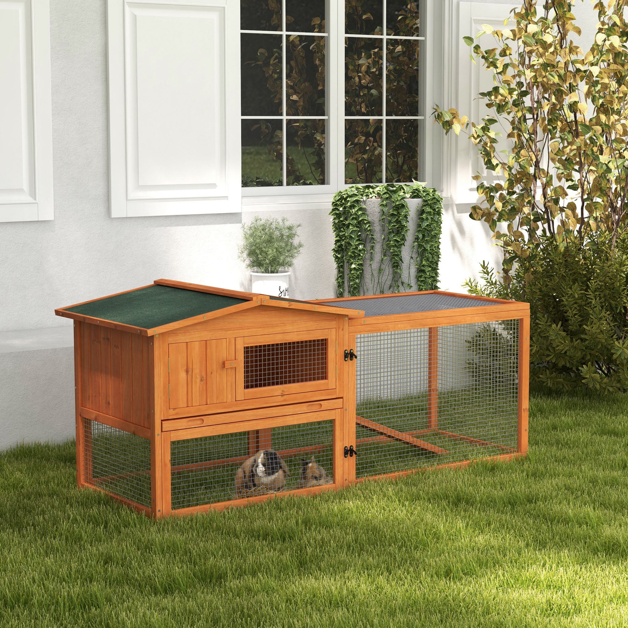 61'' L 2-Story Rabbit Hutch Bunny Cage Small Animal House with Pull Out Tray, Detachable Run, Ramp, for Indoor Outdoor, Orange