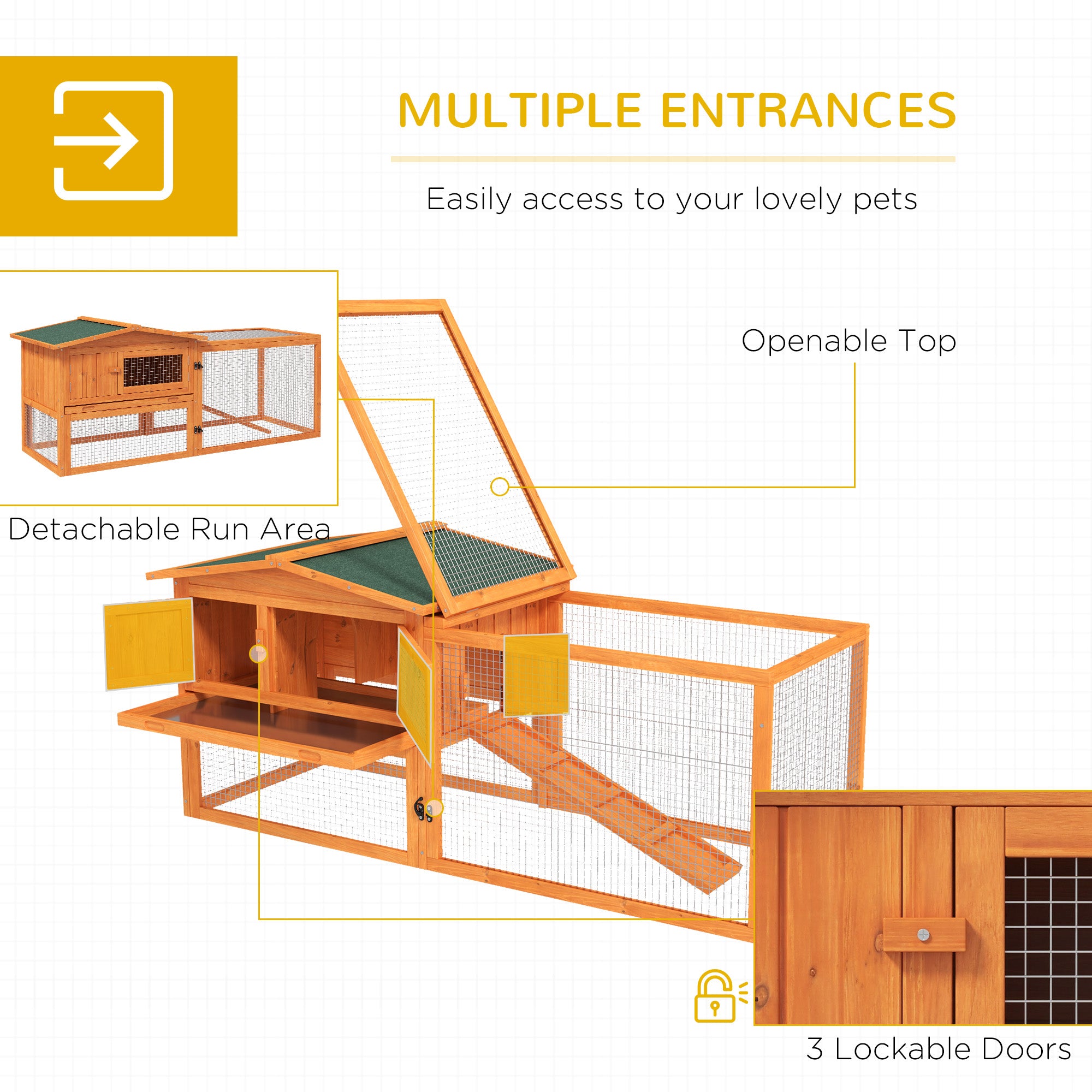 61'' L 2-Story Rabbit Hutch Bunny Cage Small Animal House with Pull Out Tray, Detachable Run, Ramp, for Indoor Outdoor, Orange