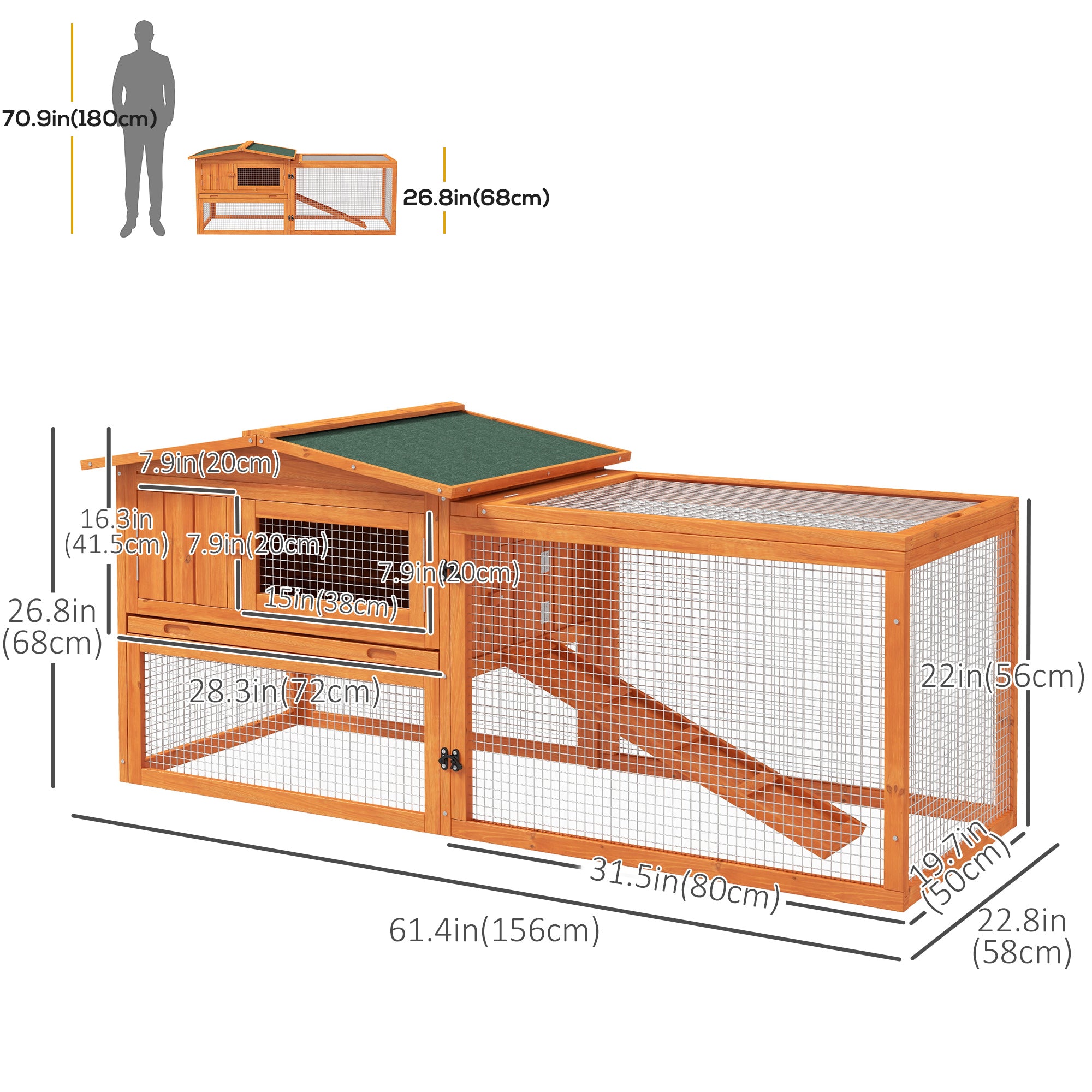 61'' L 2-Story Rabbit Hutch Bunny Cage Small Animal House with Pull Out Tray, Detachable Run, Ramp, for Indoor Outdoor, Orange