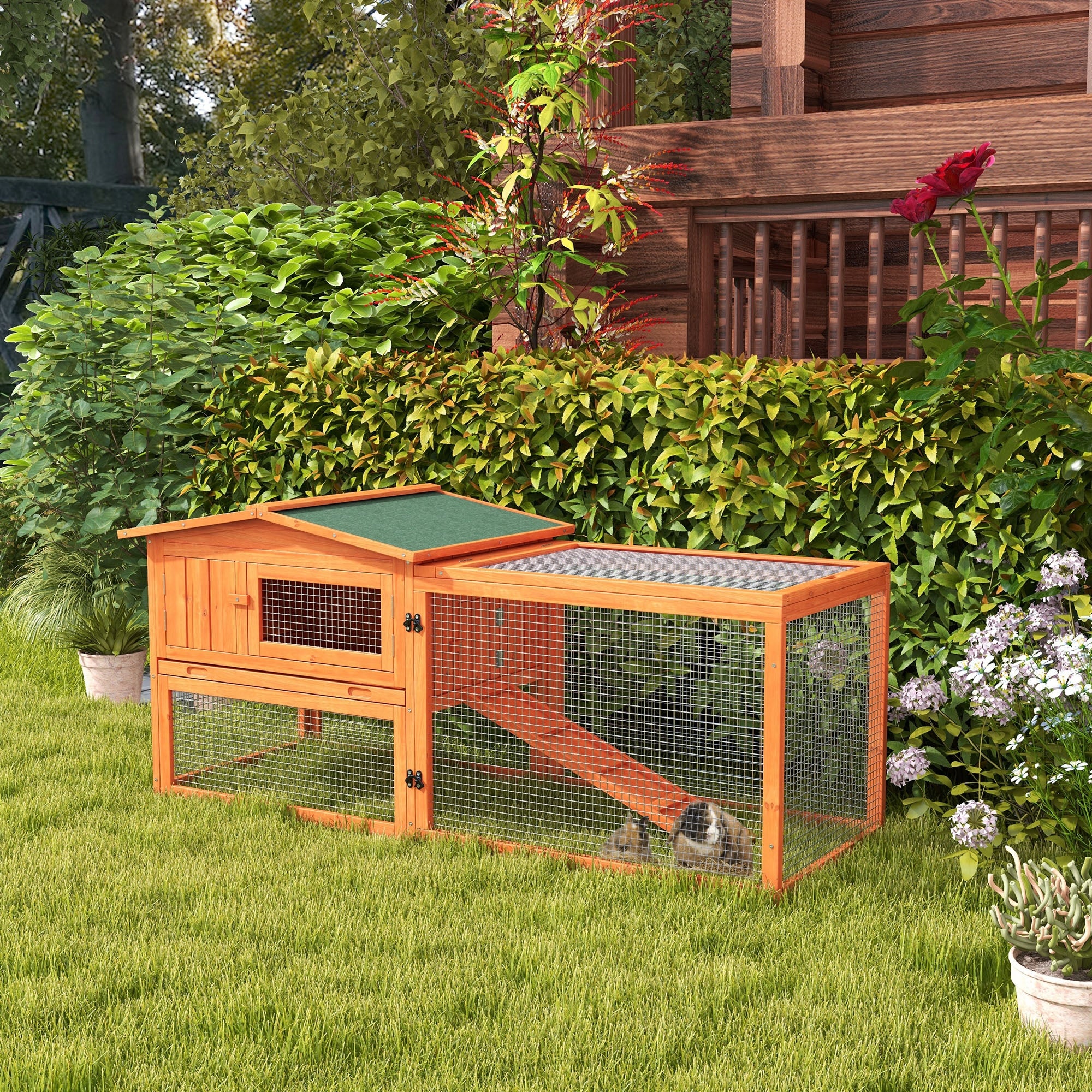 61'' L 2-Story Rabbit Hutch Bunny Cage Small Animal House with Pull Out Tray, Detachable Run, Ramp, for Indoor Outdoor, Orange