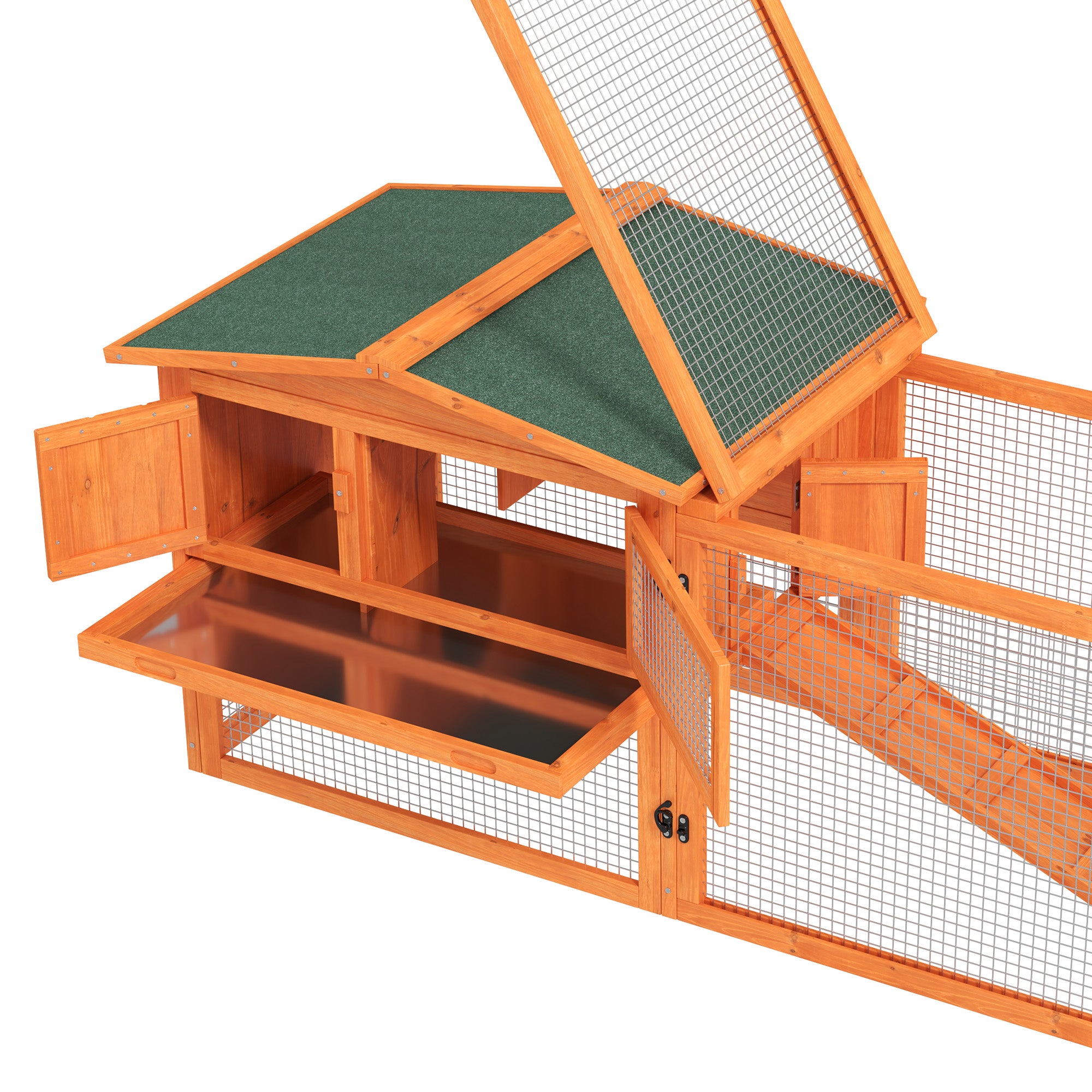 61'' L 2-Story Rabbit Hutch Bunny Cage Small Animal House with Pull Out Tray, Detachable Run, Ramp, for Indoor Outdoor, Orange