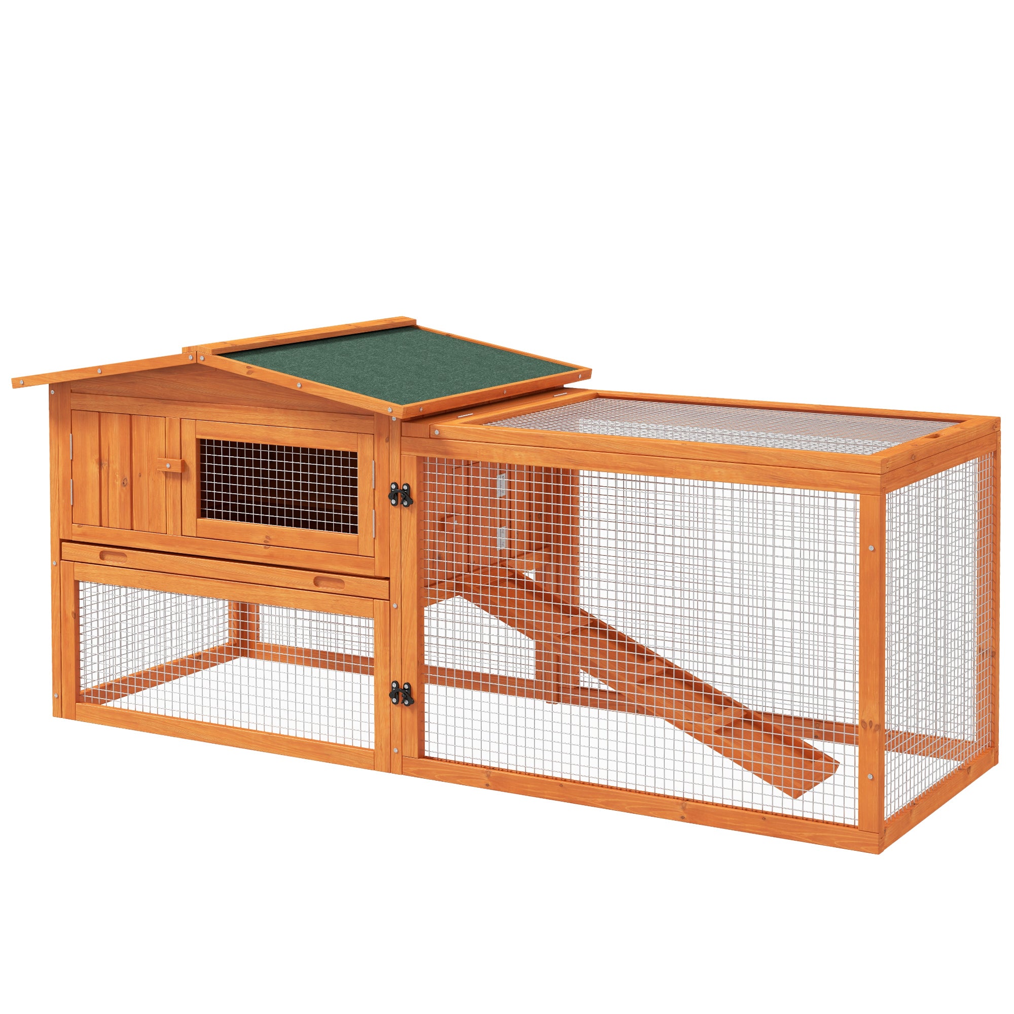 61'' L 2-Story Rabbit Hutch Bunny Cage Small Animal House with Pull Out Tray, Detachable Run, Ramp, for Indoor Outdoor, Orange