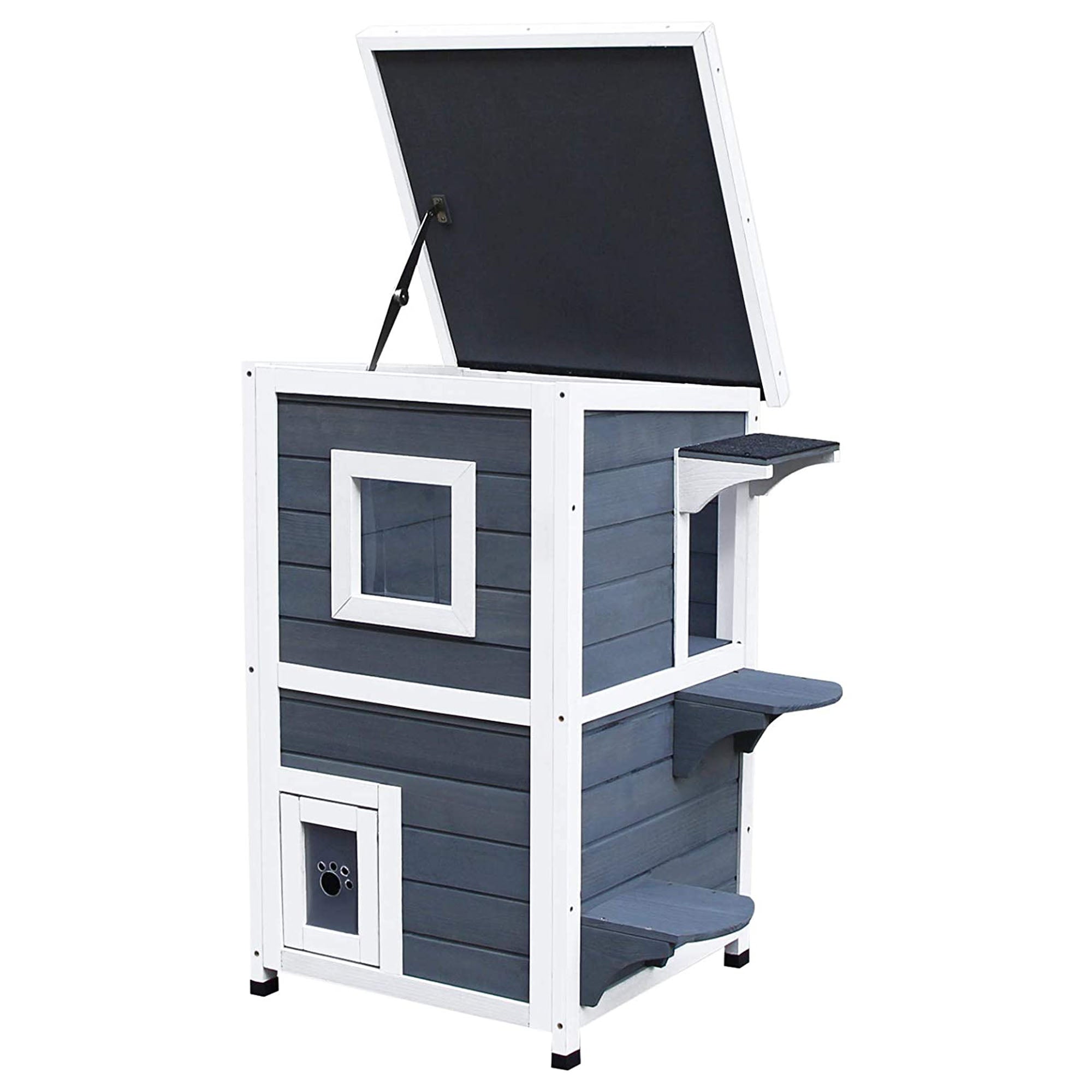 2 Story Outdoor Cat House, Outdoor Cat Enclosure Wooden Cat Shelter with Windows, Platforms, Openable Top, Asphalt Roof, Grey