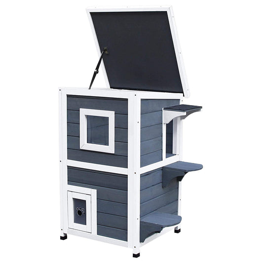 2 Story Outdoor Cat House, Outdoor Cat Enclosure Wooden Cat Shelter with Windows, Platforms, Openable Top, Asphalt Roof, Grey