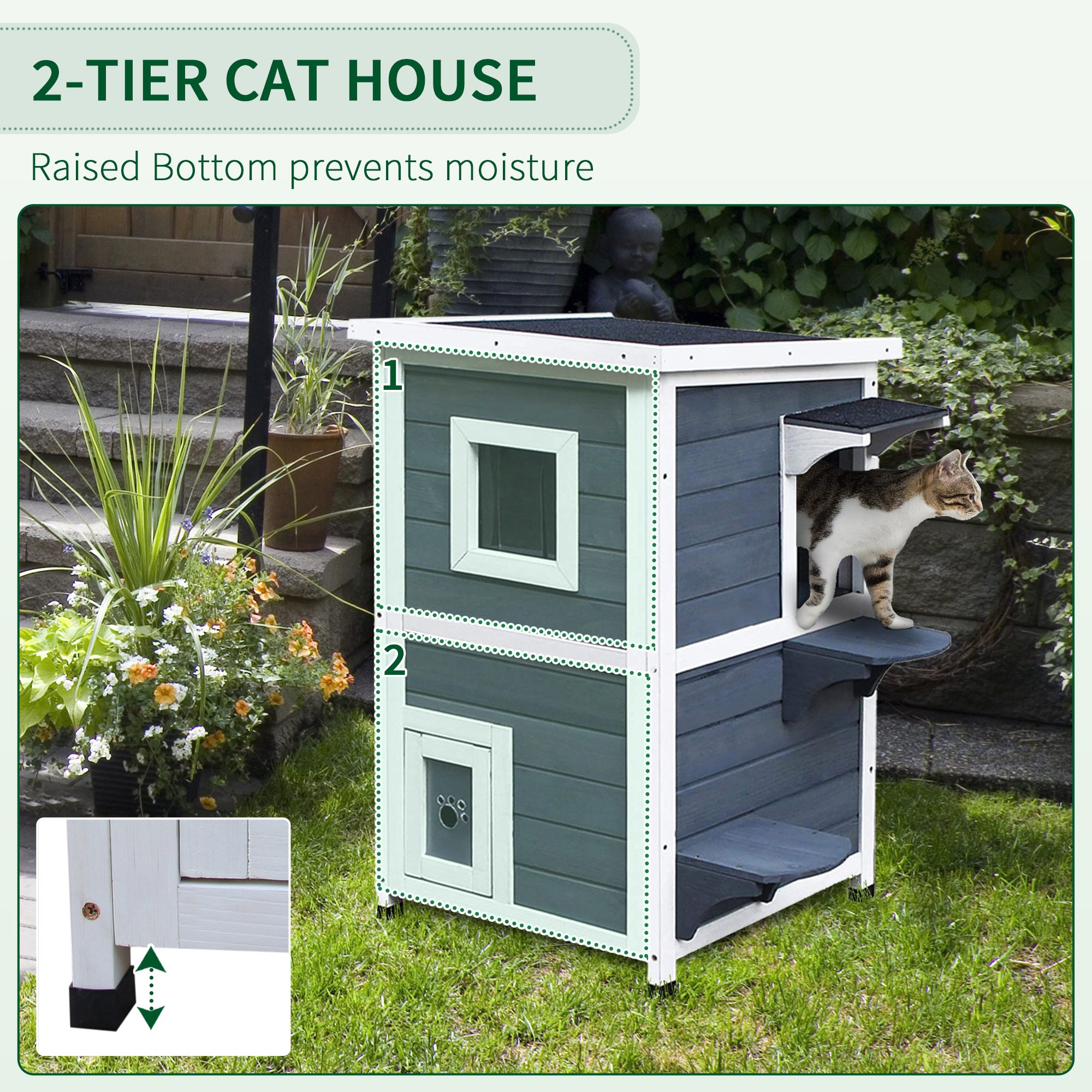 2 Story Outdoor Cat House, Outdoor Cat Enclosure Wooden Cat Shelter with Windows, Platforms, Openable Top, Asphalt Roof, Grey