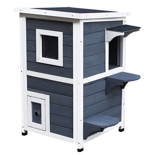 2 Story Outdoor Cat House, Outdoor Cat Enclosure Wooden Cat Shelter with Windows, Platforms, Openable Top, Asphalt Roof, Grey