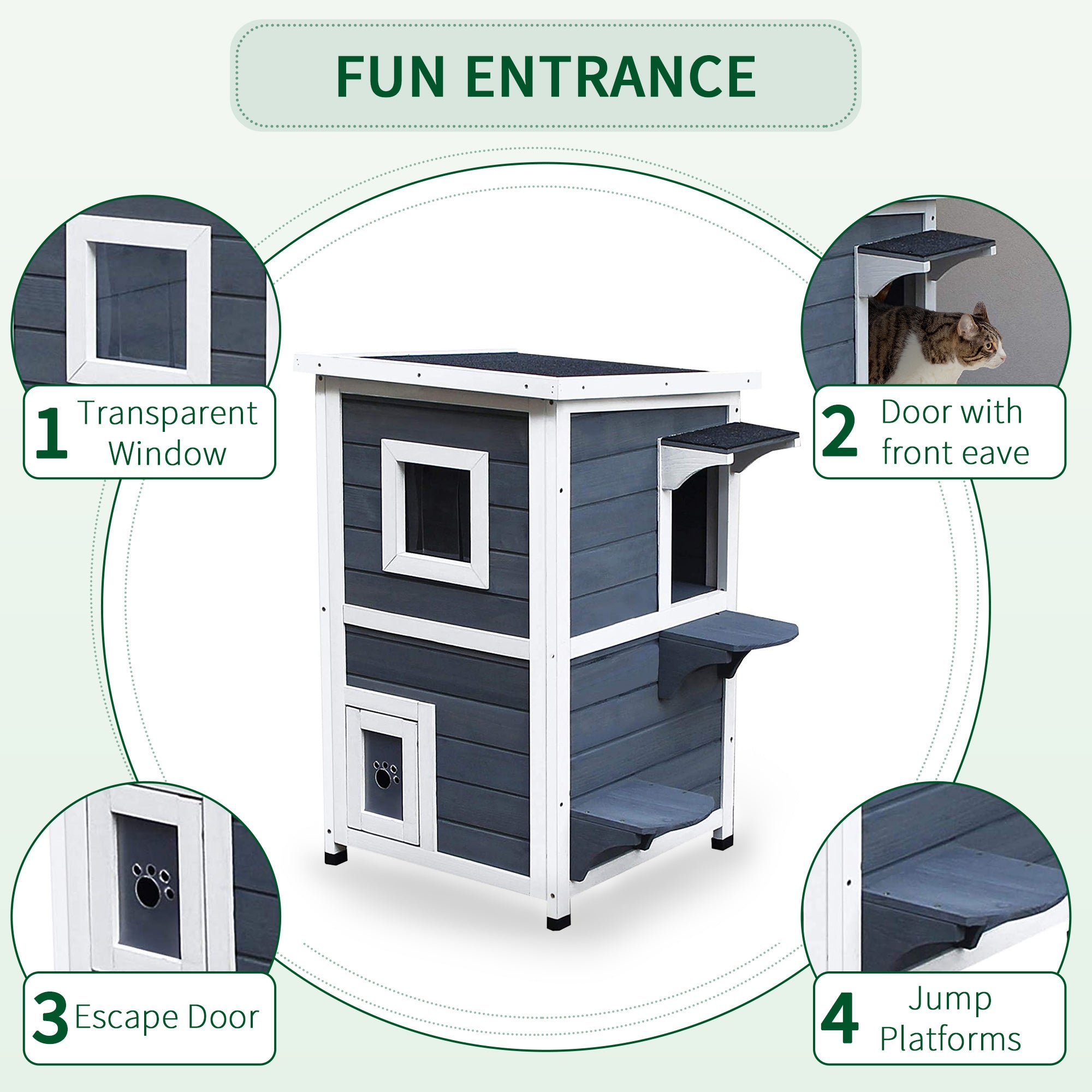 2 Story Outdoor Cat House, Outdoor Cat Enclosure Wooden Cat Shelter with Windows, Platforms, Openable Top, Asphalt Roof, Grey