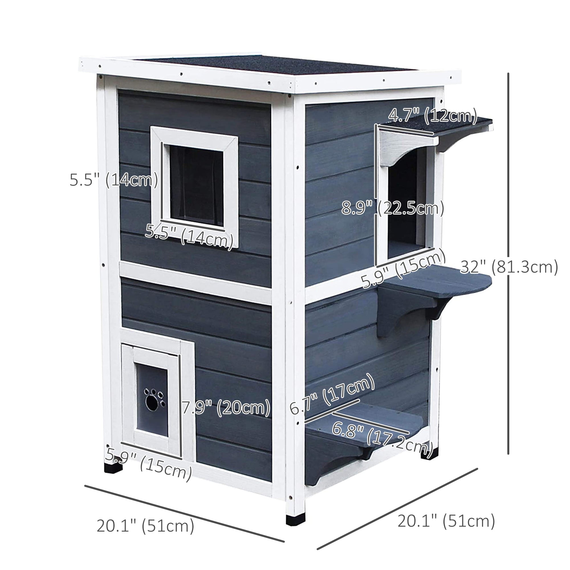 2 Story Outdoor Cat House, Outdoor Cat Enclosure Wooden Cat Shelter with Windows, Platforms, Openable Top, Asphalt Roof, Grey