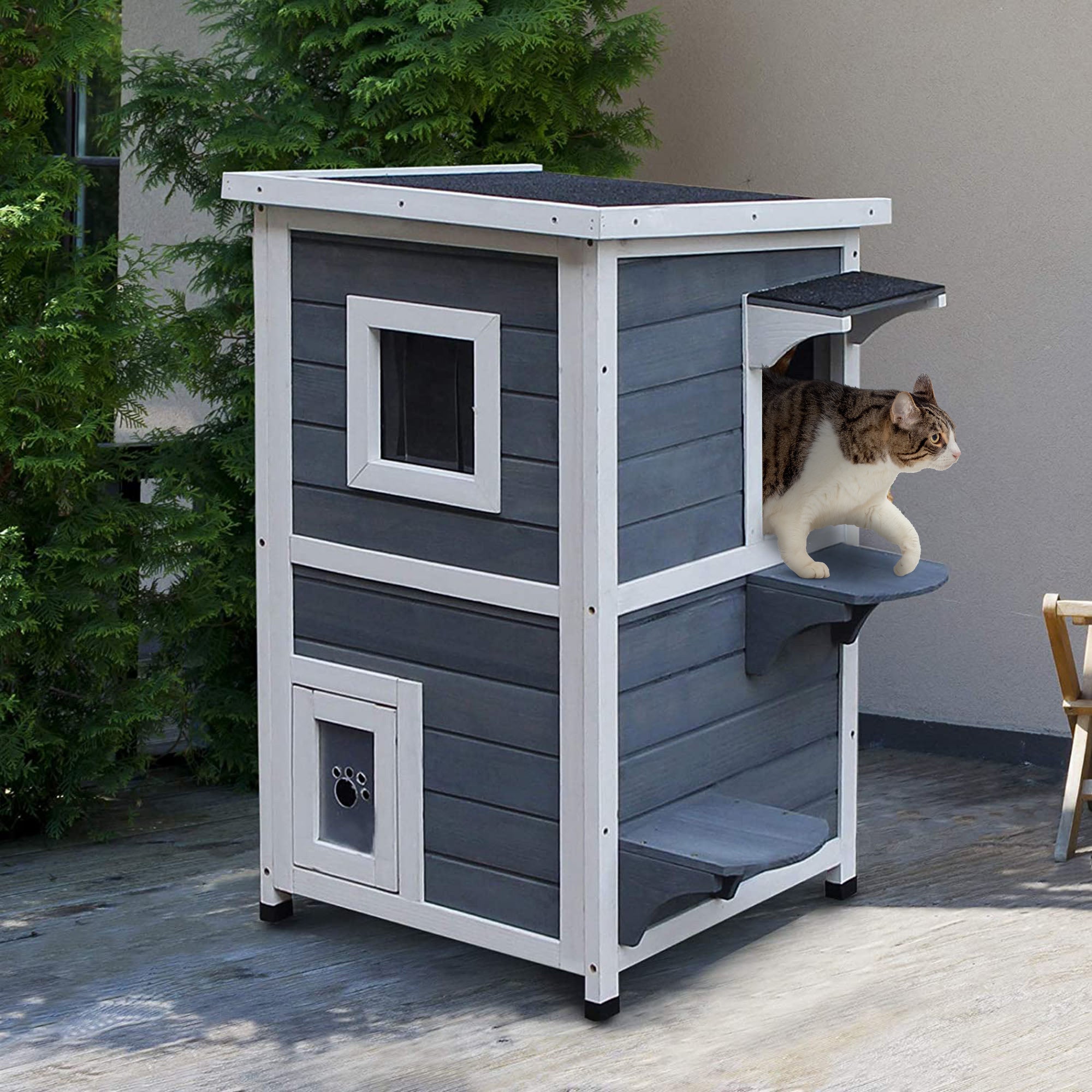 2 Story Outdoor Cat House, Outdoor Cat Enclosure Wooden Cat Shelter with Windows, Platforms, Openable Top, Asphalt Roof, Grey