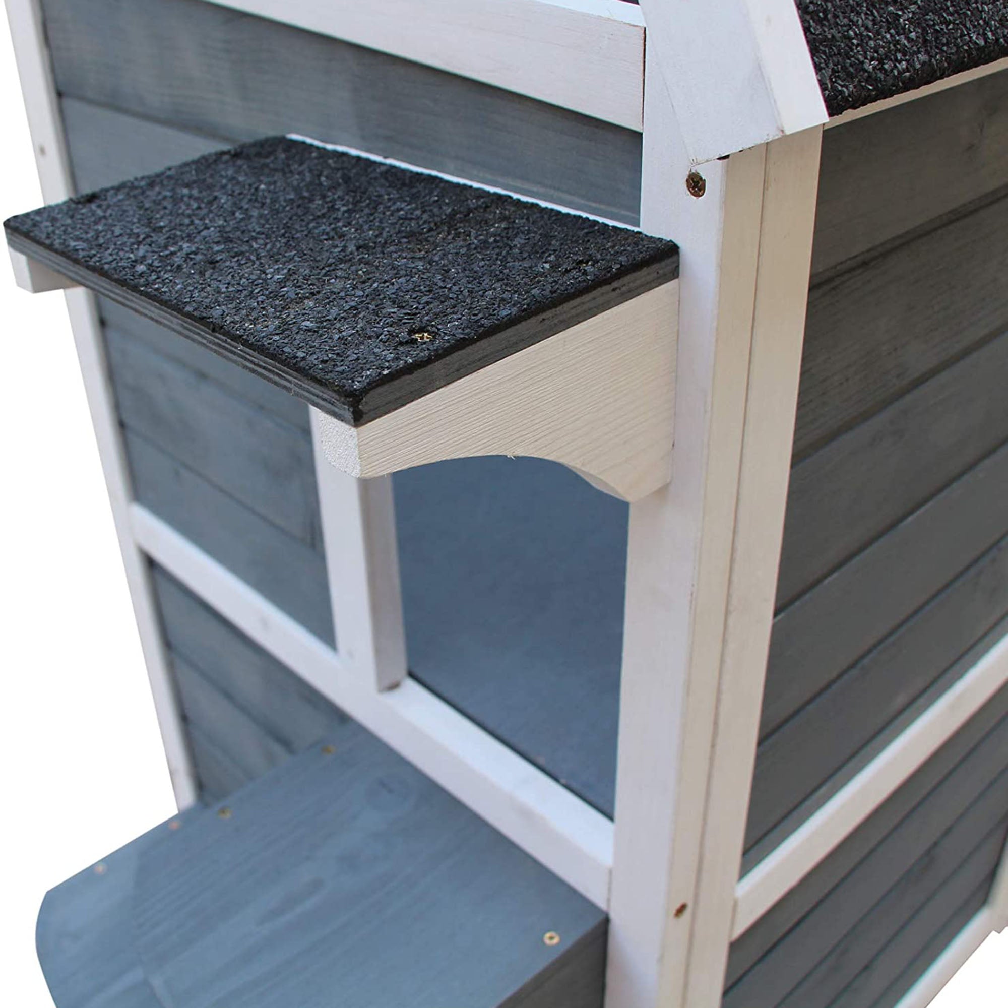 2 Story Outdoor Cat House, Outdoor Cat Enclosure Wooden Cat Shelter with Windows, Platforms, Openable Top, Asphalt Roof, Grey