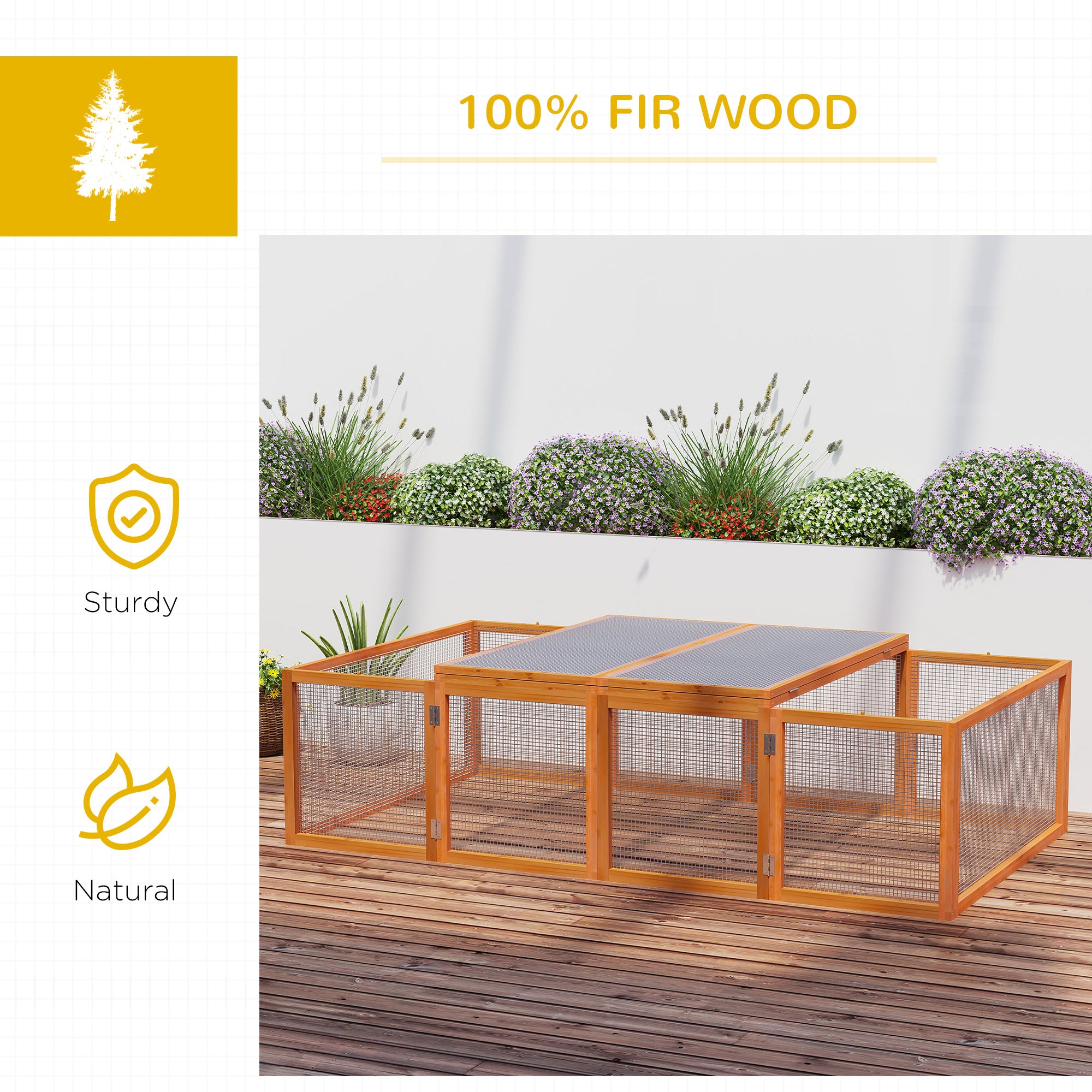 Rabbit Run Wooden Rabbit Hutch Cage 6ft with Wire Mesh, Openable Roof, Play Space for Outdoor, 181 x 100 x 48 cm, Natural Wood Finish