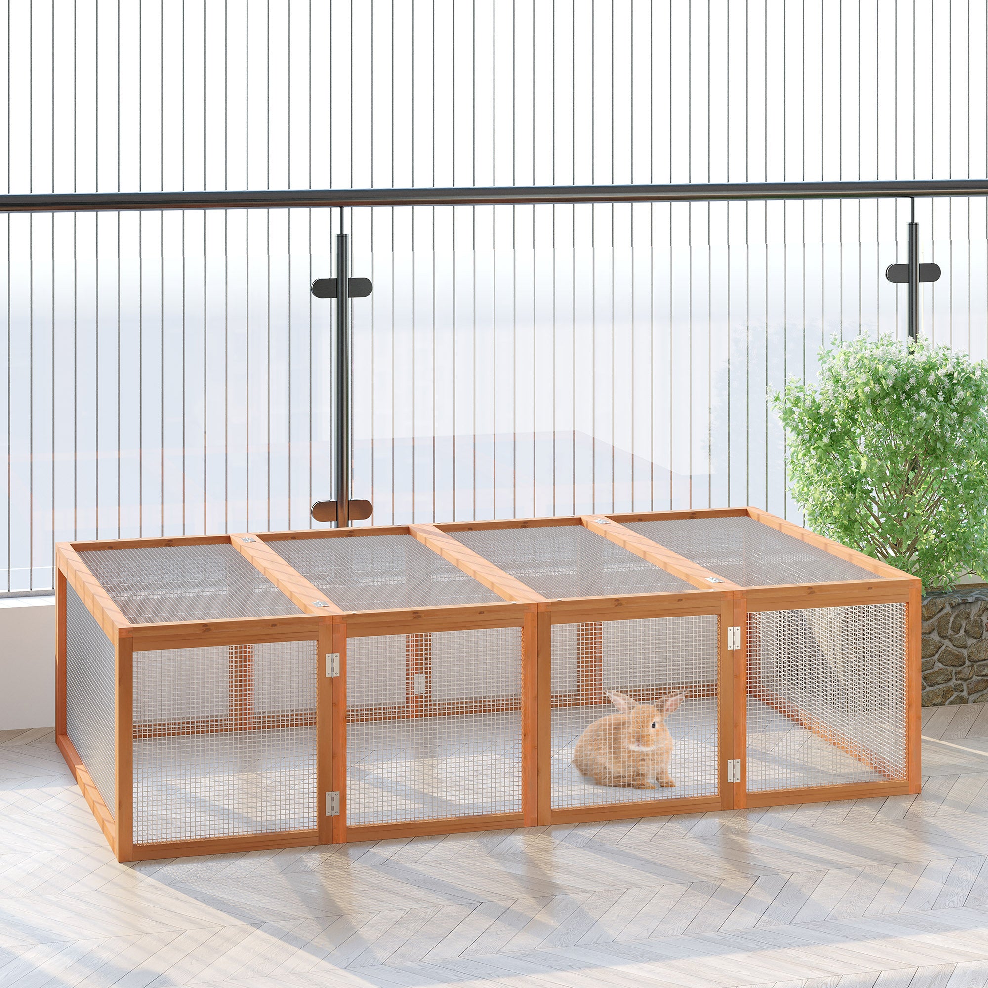 Rabbit Run Wooden Rabbit Hutch Cage 6ft with Wire Mesh, Openable Roof, Play Space for Outdoor, 181 x 100 x 48 cm, Natural Wood Finish