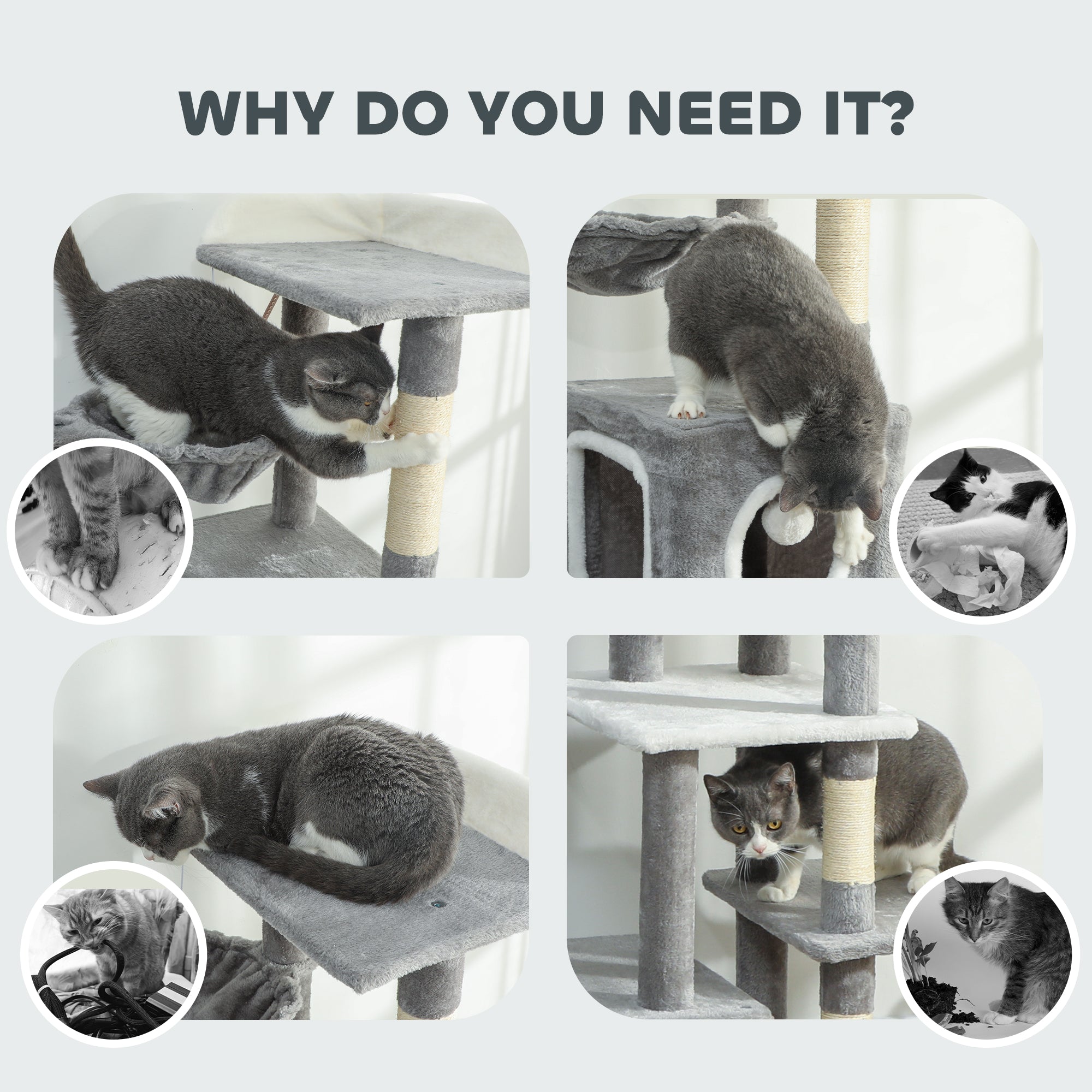 Cat Tree for Indoor Large Adult Cats, 65 Inch Kitty Tower Multi-Level with 2 Doors Condos, Plush Top Perch, Hammock, Sisal Scratching Posts, 4 Pompoms, Ramp, Grey