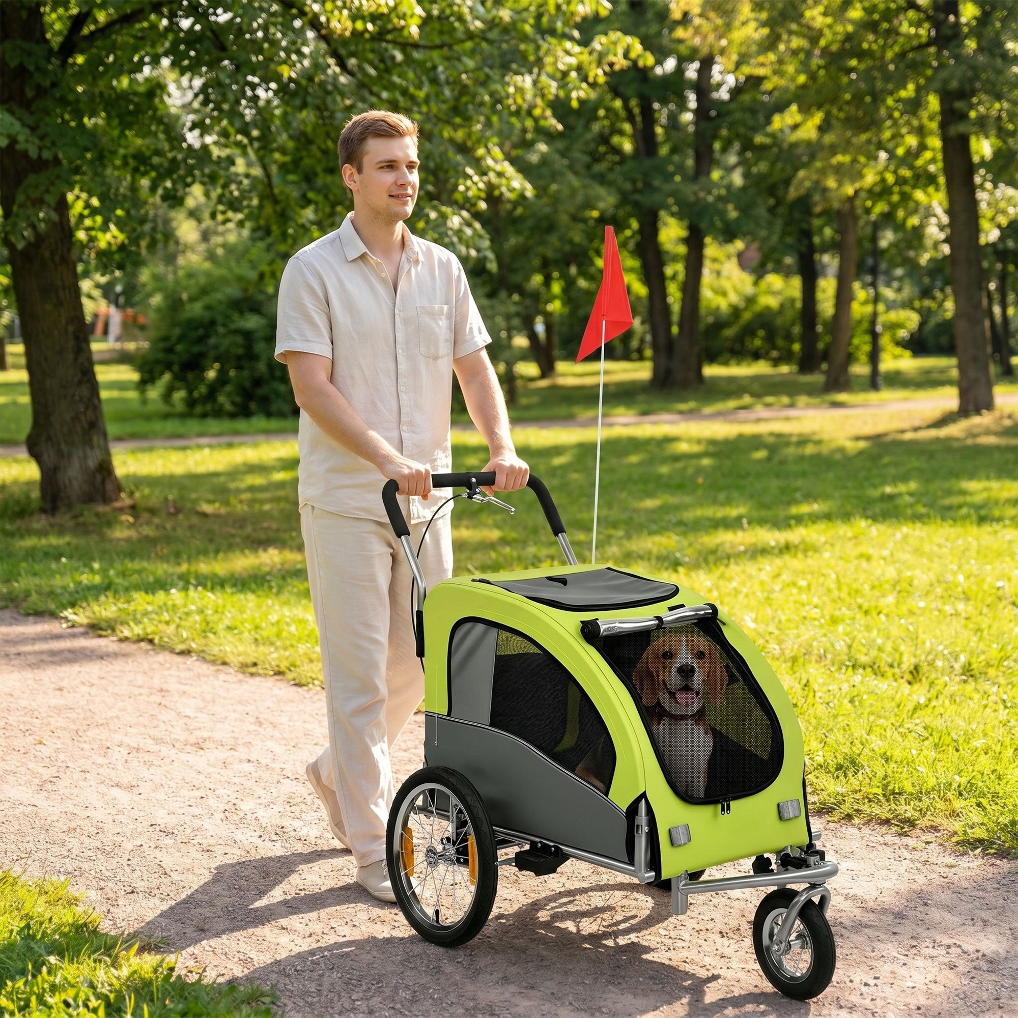 Dog Bike Trailer, 2-in-1 Pet Stroller Cart Bicycle Carrier, Folding Cart Frame with Suspension, Universal Bicycle Coupler, Reflectors, Flag, for Medium Dogs Up to 44 LBS, Green