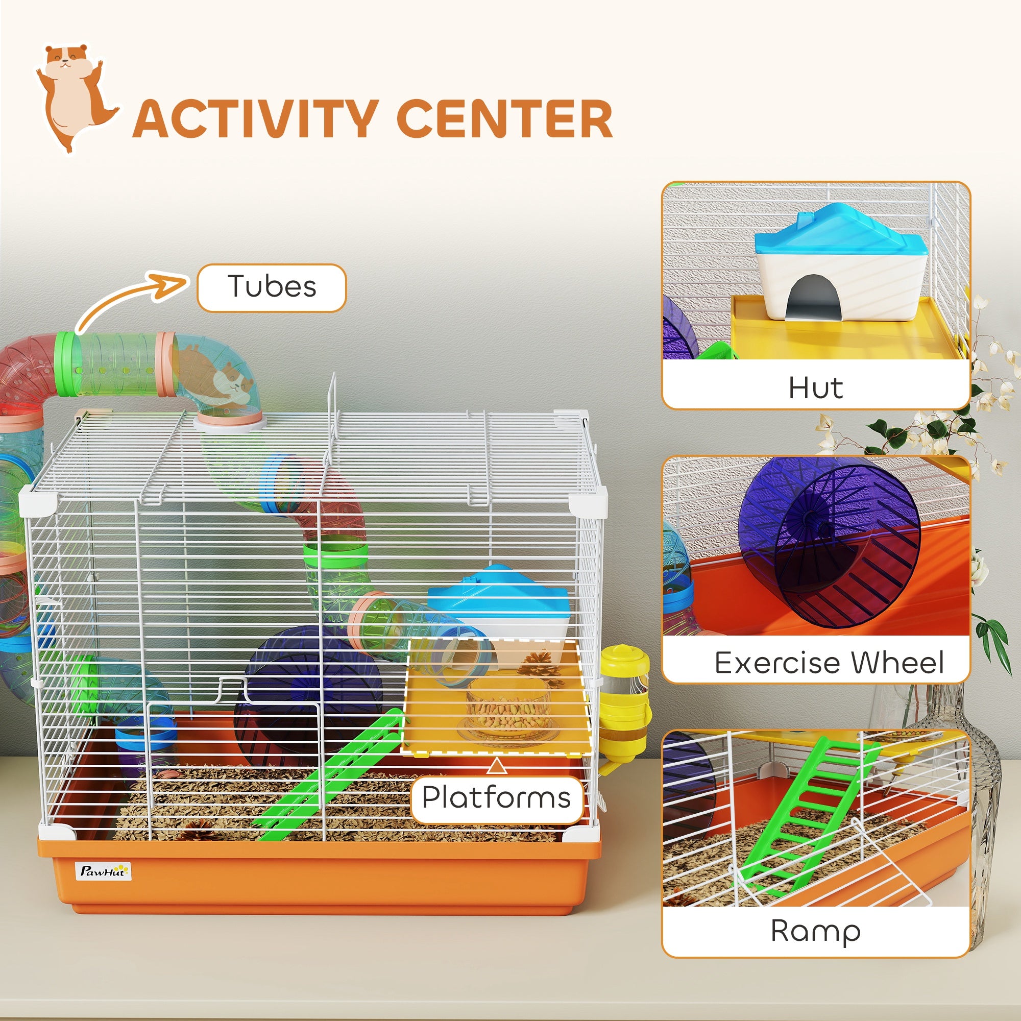18"L Hamster Cage, Small Animal House, 2-Level Rat Gerbil Haven with Tunnel Tube System, Exercise Wheel, Water Bottle, Food Dish, Ramp, Orange