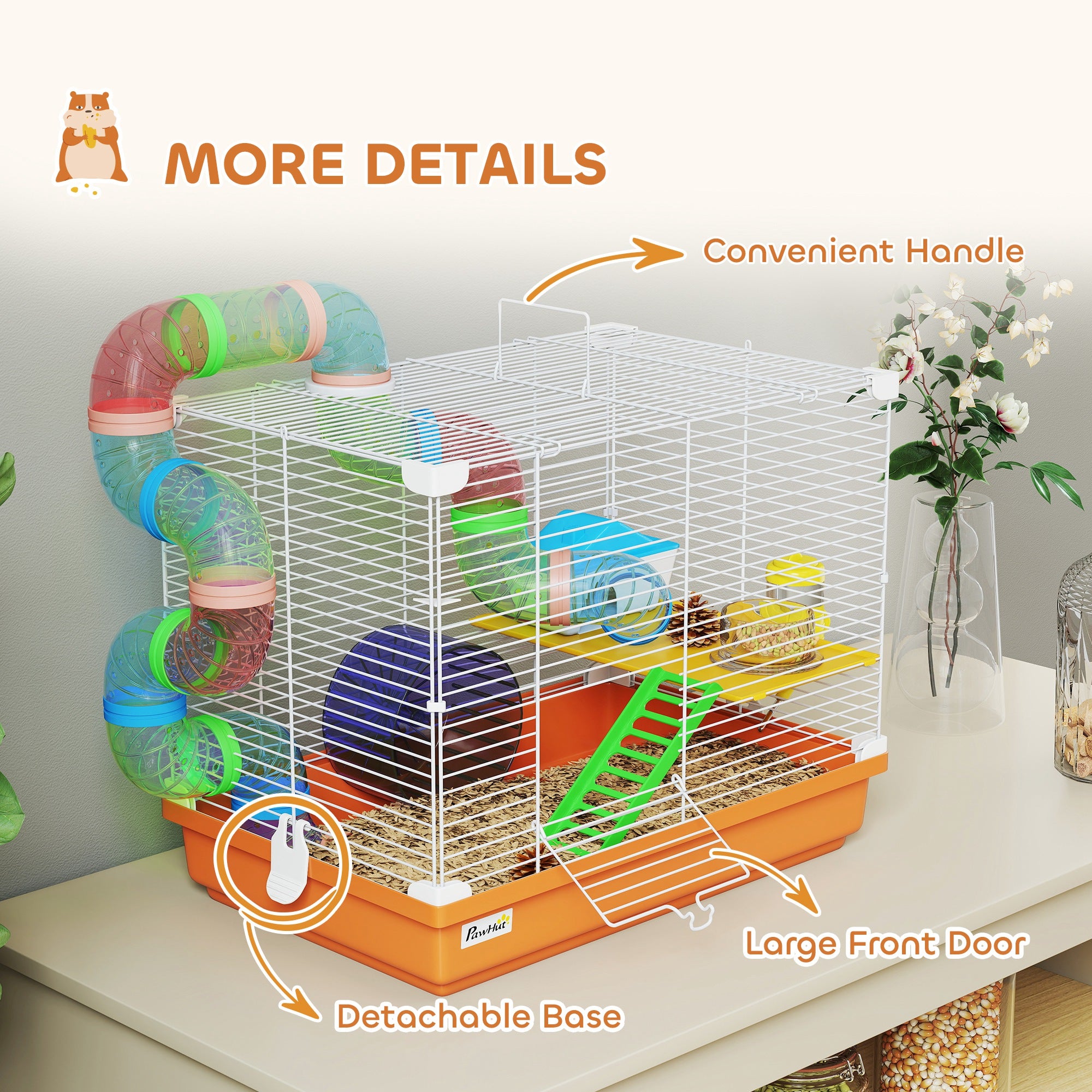 18"L Hamster Cage, Small Animal House, 2-Level Rat Gerbil Haven with Tunnel Tube System, Exercise Wheel, Water Bottle, Food Dish, Ramp, Orange