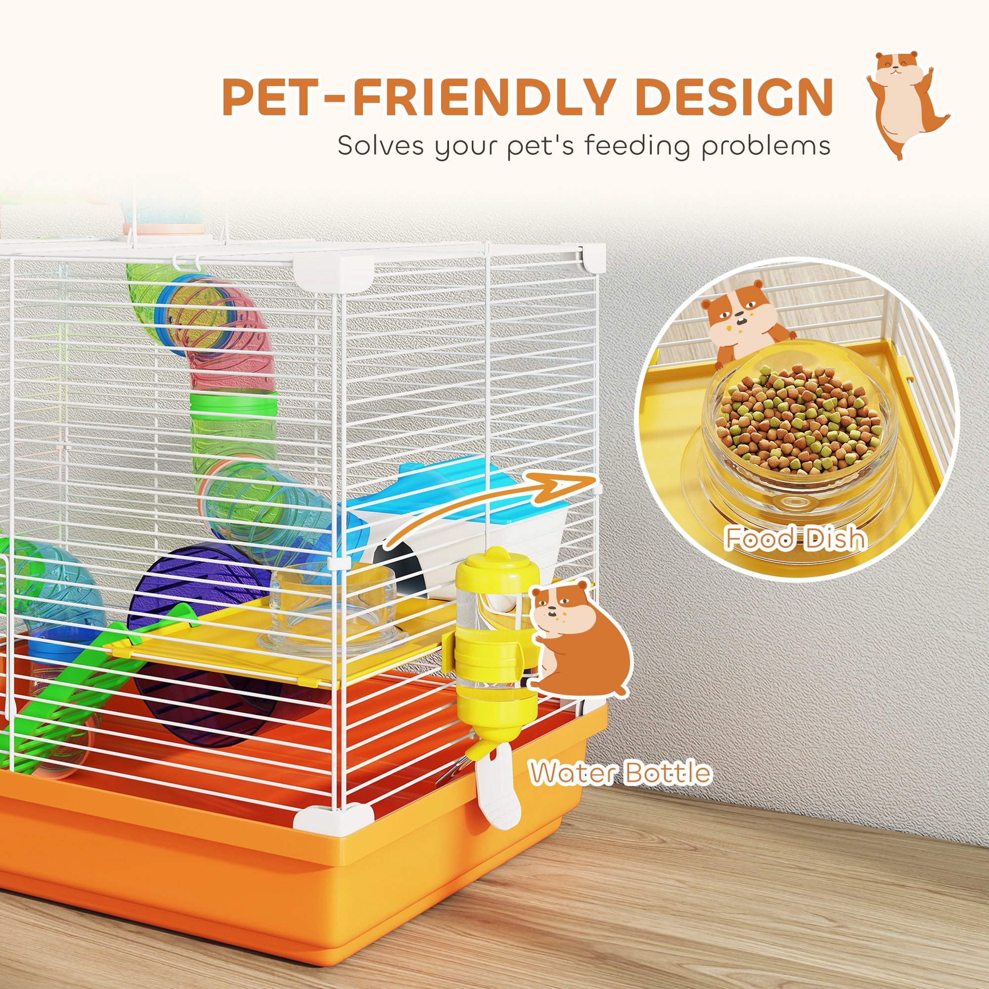 18"L Hamster Cage, Small Animal House, 2-Level Rat Gerbil Haven with Tunnel Tube System, Exercise Wheel, Water Bottle, Food Dish, Ramp, Orange
