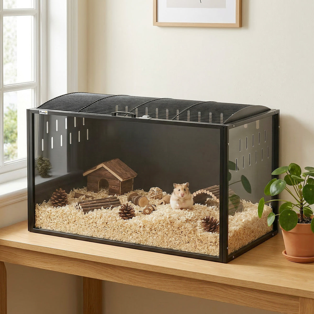 Hamster Cage, Large Hamster Habitats Steel Frame Chewproof, 0.53m² Transparent Small Animal Cage, Deep Bedding Space for Pets Enrichment, Openable Top, for Rats, Syrian, 41"