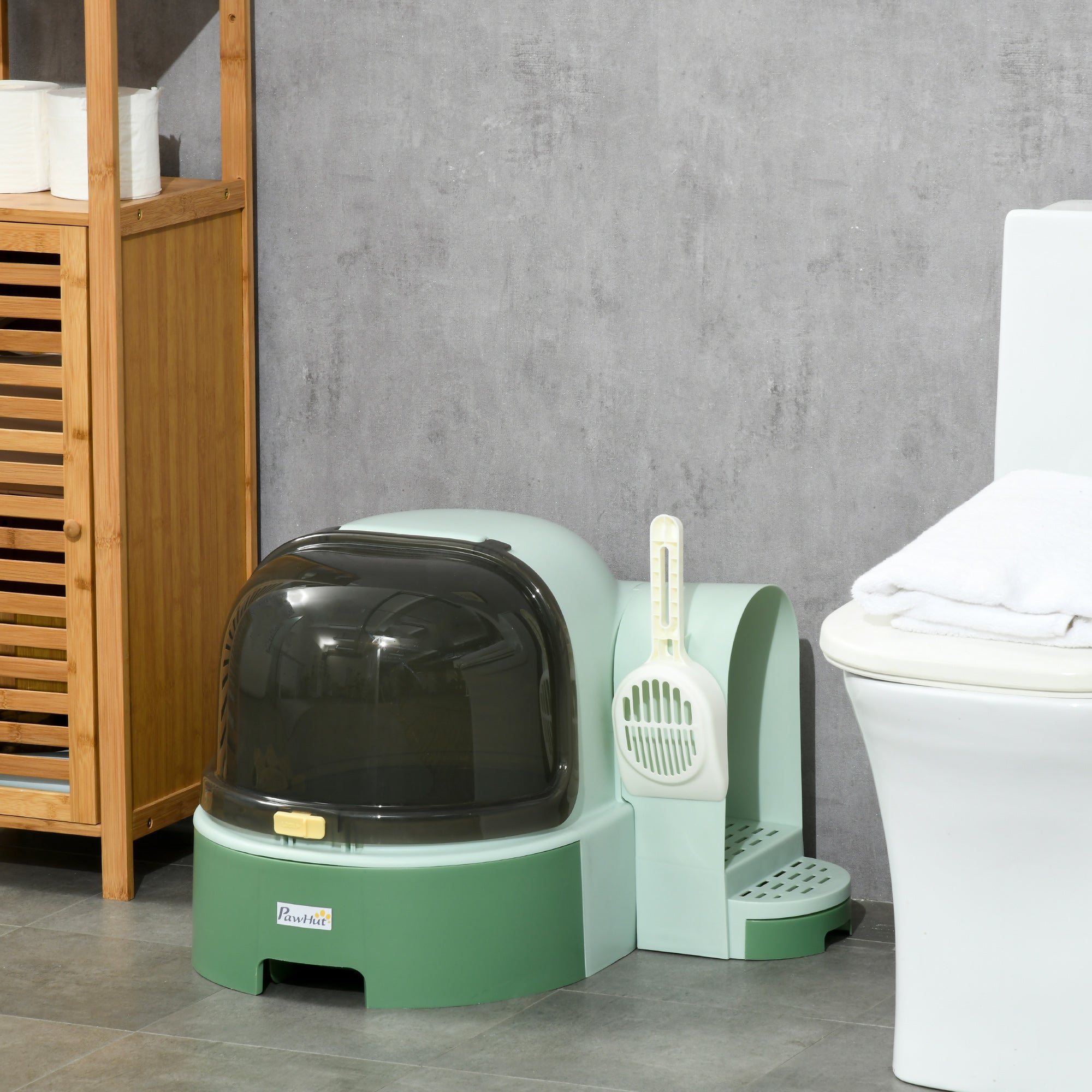 2 in 1 Cat Litter Box Cat House, Hooded Cat Litter Tray, with Drawer Pans, Scoop, Openable Cover - Green