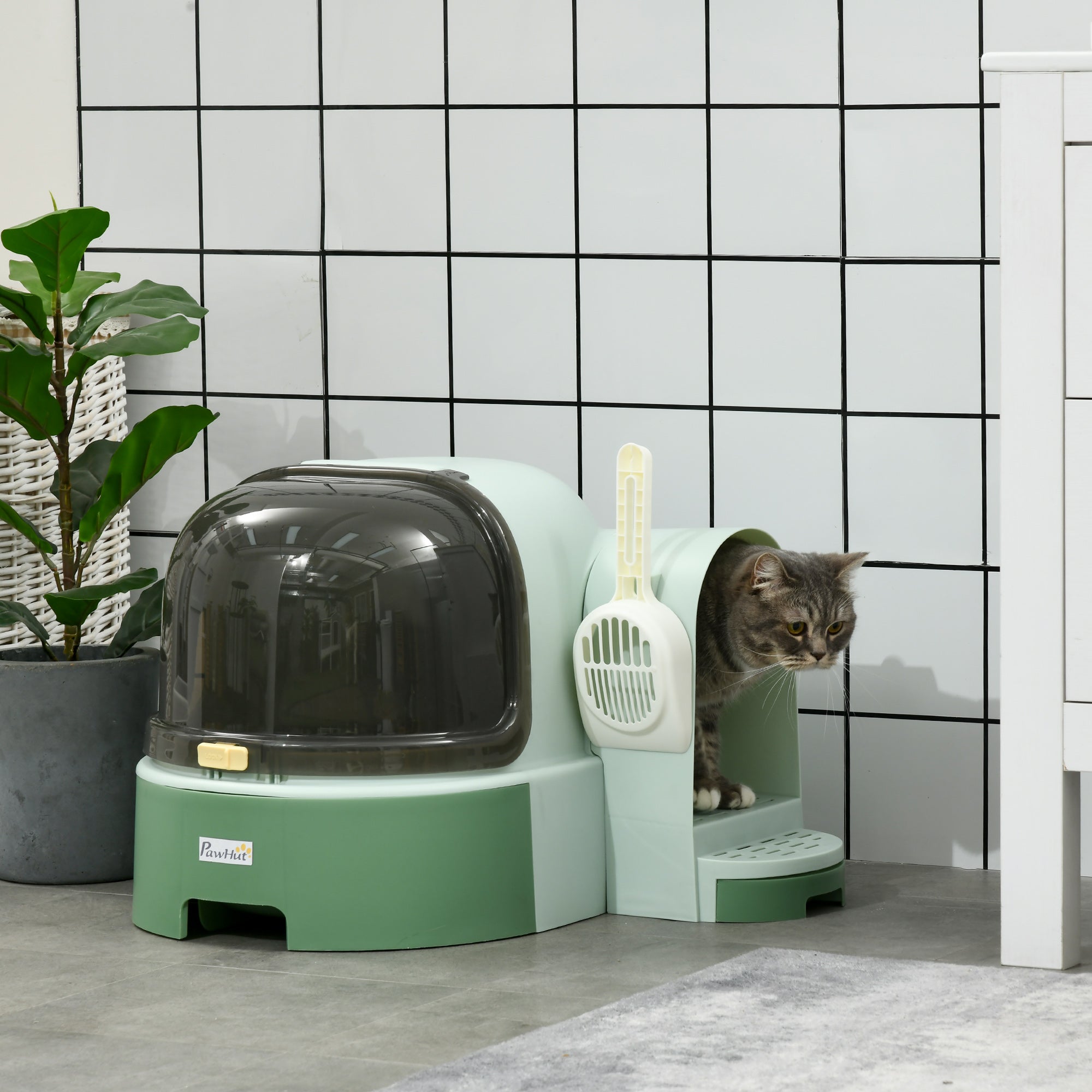 2 in 1 Cat Litter Box Cat House, Hooded Cat Litter Tray, with Drawer Pans, Scoop, Openable Cover - Green