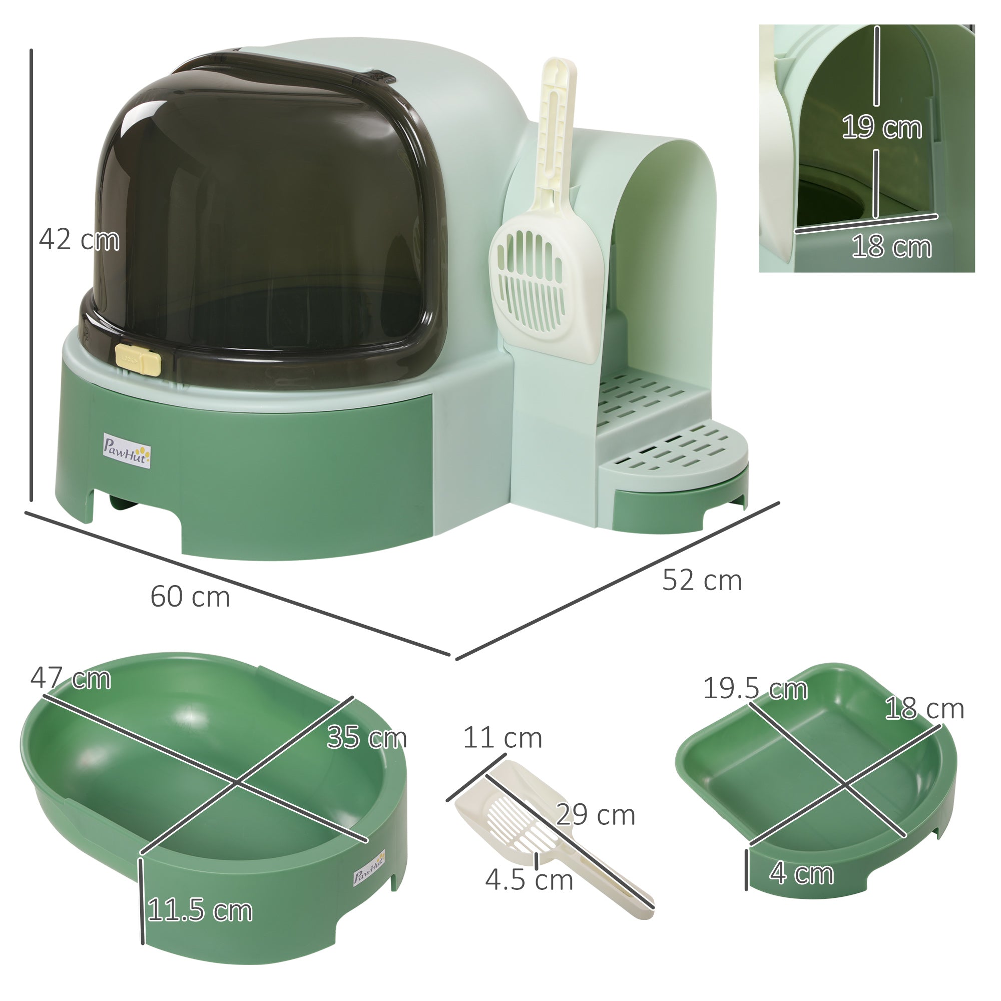 2 in 1 Cat Litter Box Cat House, Hooded Cat Litter Tray, with Drawer Pans, Scoop, Openable Cover - Green