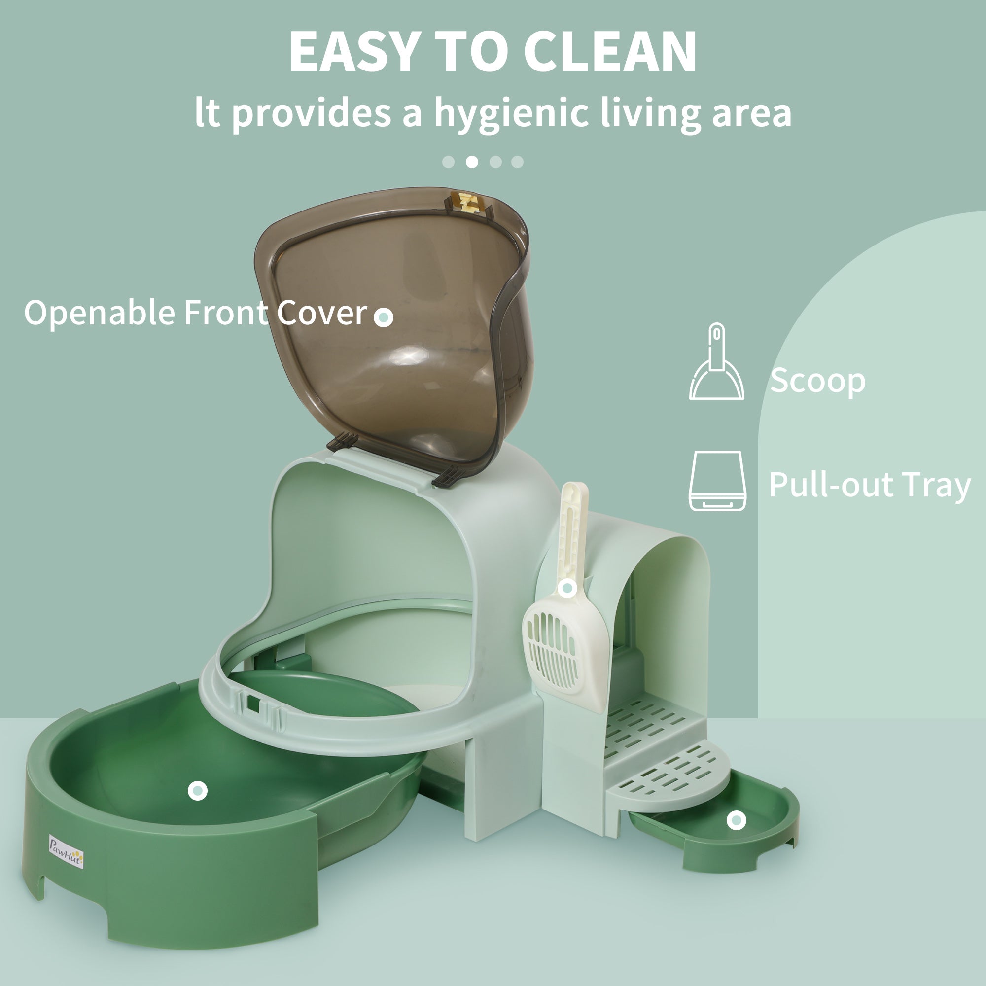 2 in 1 Cat Litter Box Cat House, Hooded Cat Litter Tray, with Drawer Pans, Scoop, Openable Cover - Green