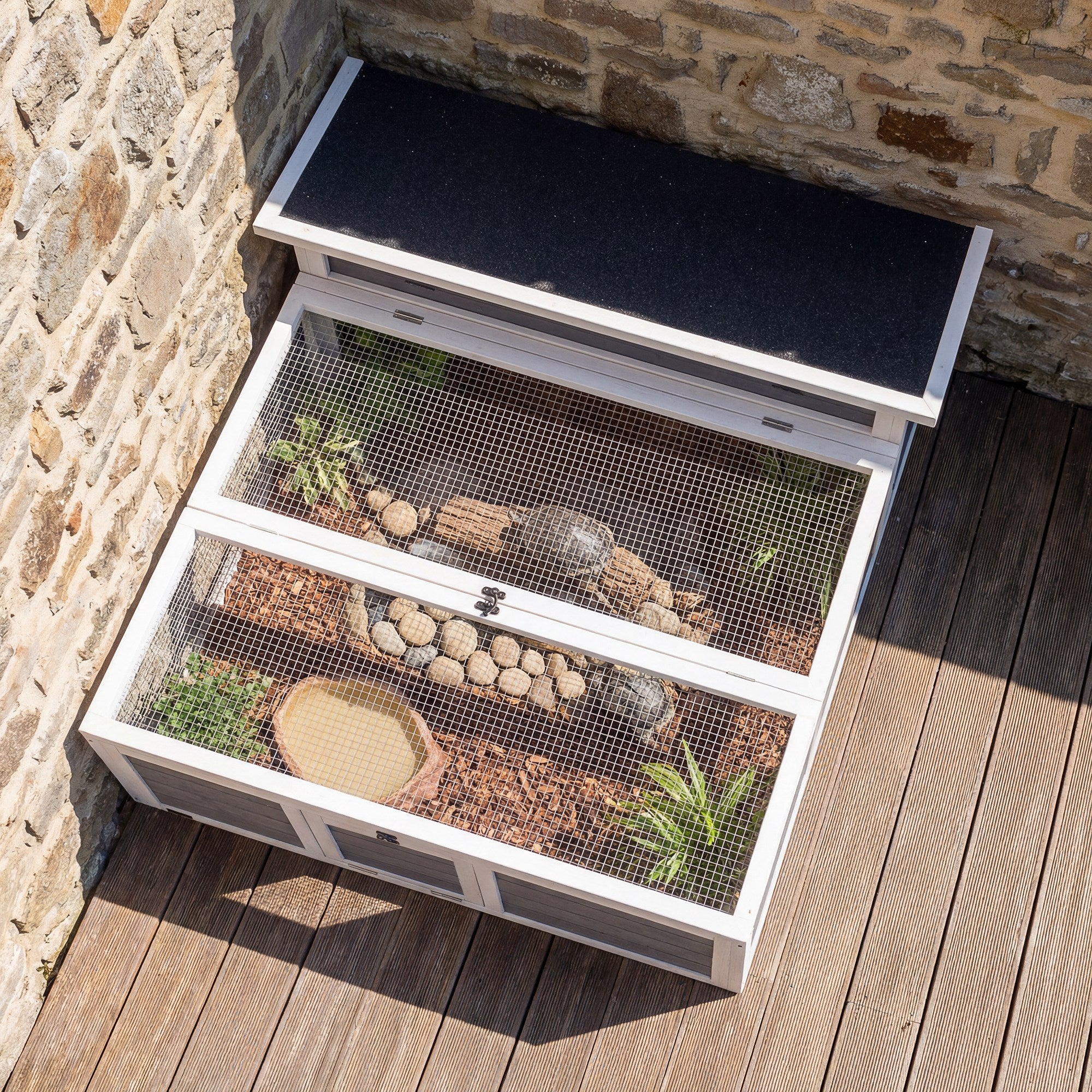Wooden Tortoise House, Tortoise Enclosure with Clear Observation Window, Top Opening, Multiple Doors, Galvanised Mesh, Small Animal Enclosure for Indoor Outdoor Use, Dark Grey