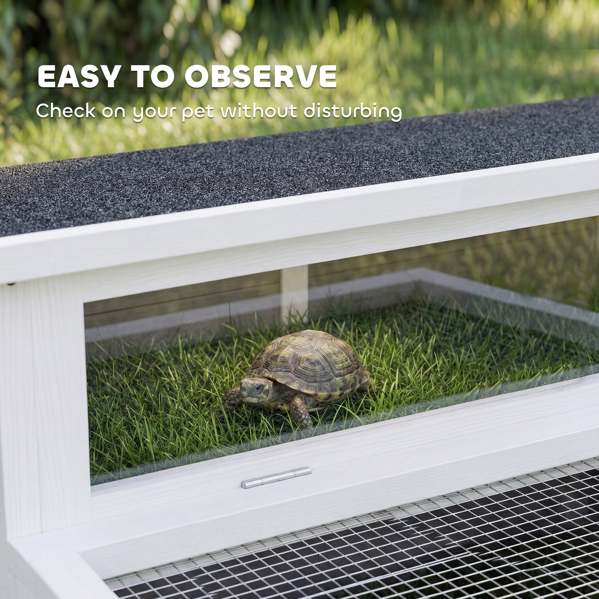 Wooden Tortoise House, Tortoise Enclosure with Clear Observation Window, Top Opening, Multiple Doors, Galvanised Mesh, Small Animal Enclosure for Indoor Outdoor Use, Dark Grey