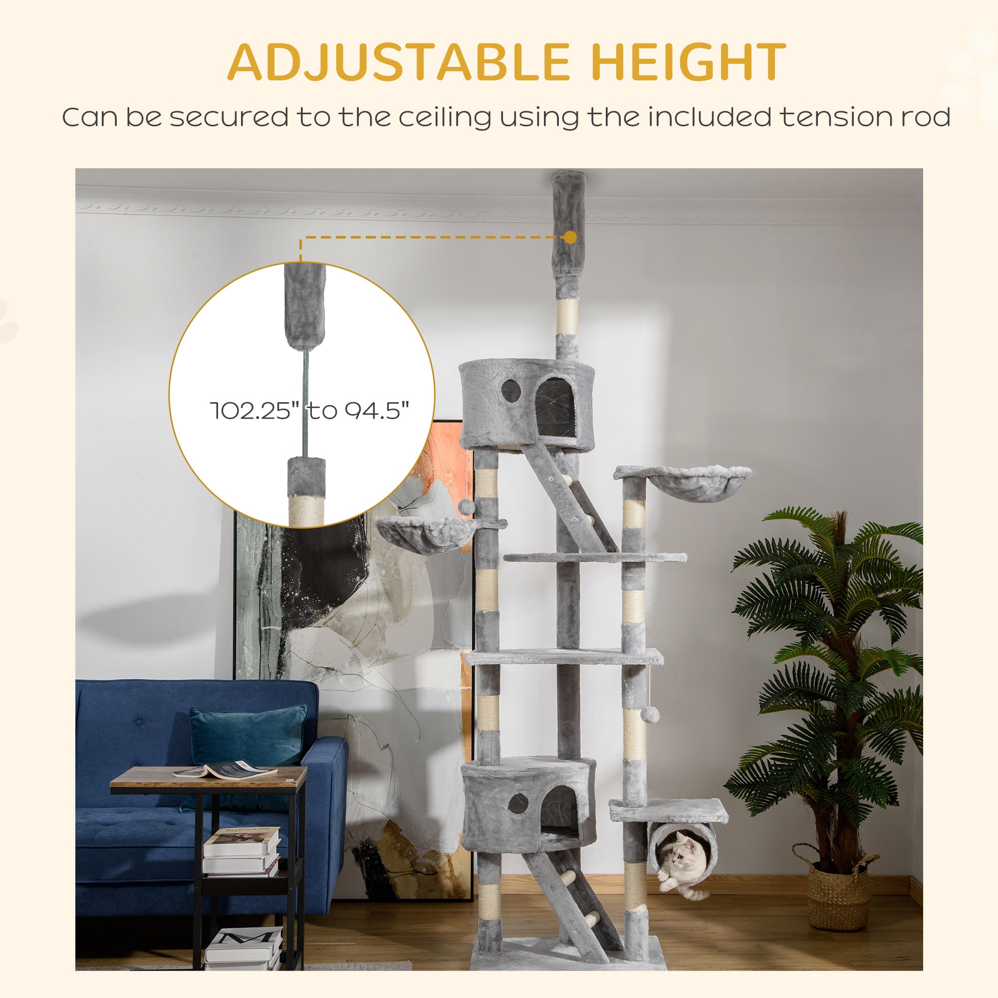  Floor to Ceiling Cat Tree, 94.5-102.5 inch Adjustable Height Cat Climbing Tower with Scratching Posts, Condos, Hammocks, Tubes, Ladders, Platforms, Dangling Balls for Indoor Kittens, Light Gray