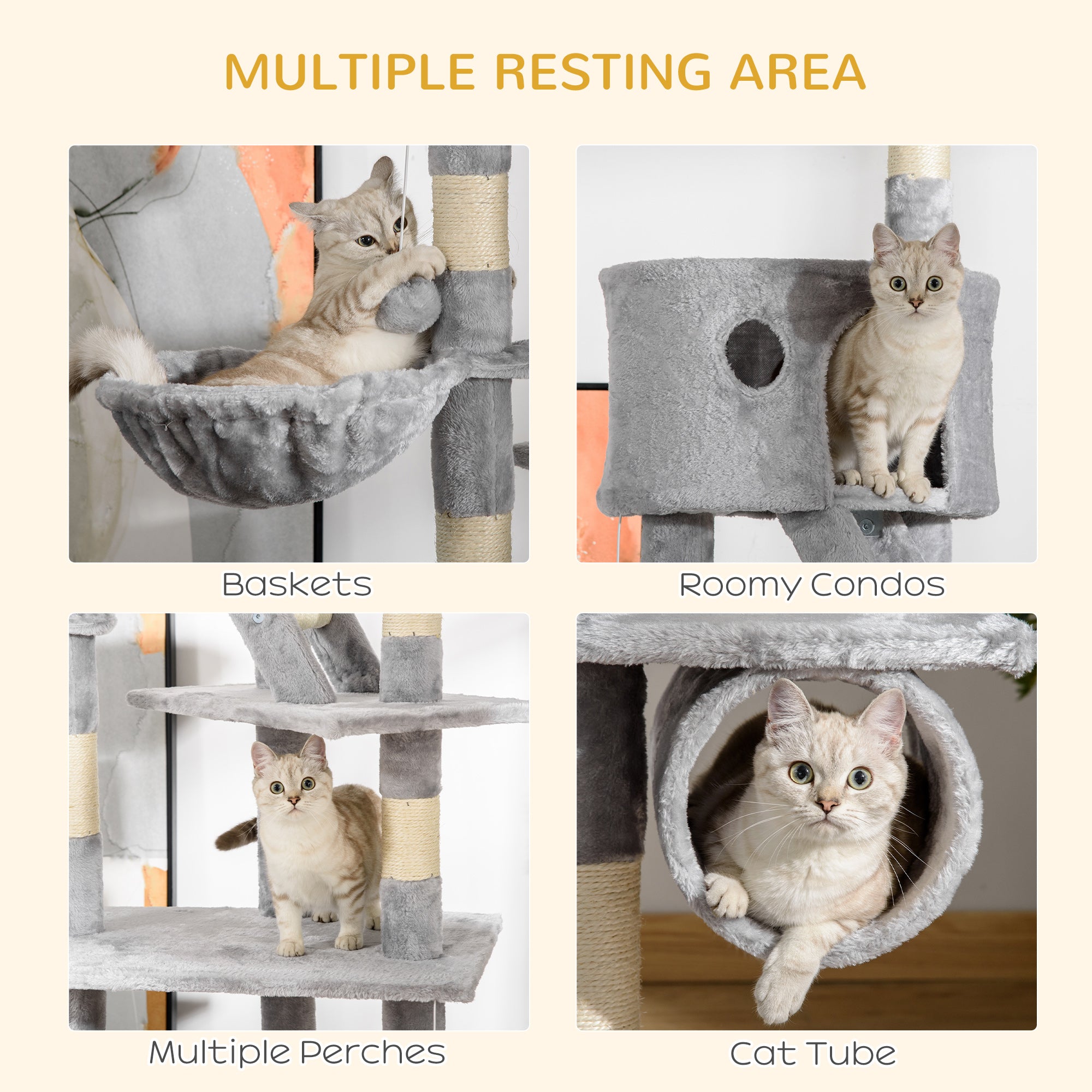  Floor to Ceiling Cat Tree, 94.5-102.5 inch Adjustable Height Cat Climbing Tower with Scratching Posts, Condos, Hammocks, Tubes, Ladders, Platforms, Dangling Balls for Indoor Kittens, Light Gray